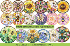 Round Stained Glass Bee Flower Clipart - CraftNest - Digital Crafting and Art