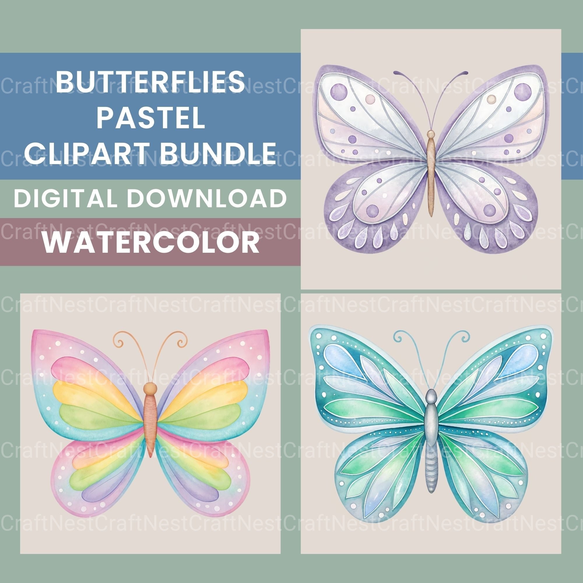 Pastel Butterflies Clipart Bundle