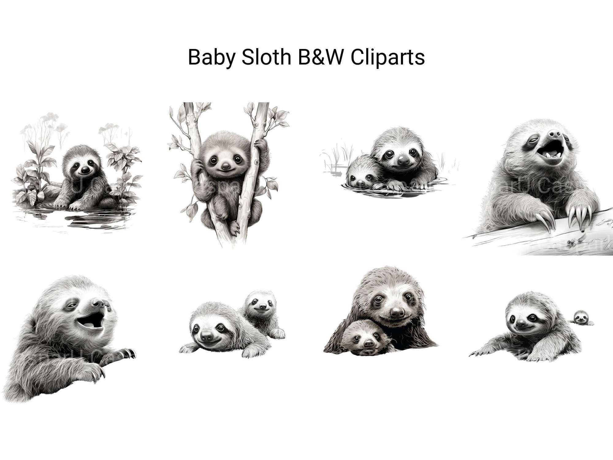Baby Sloth B&W Clipart