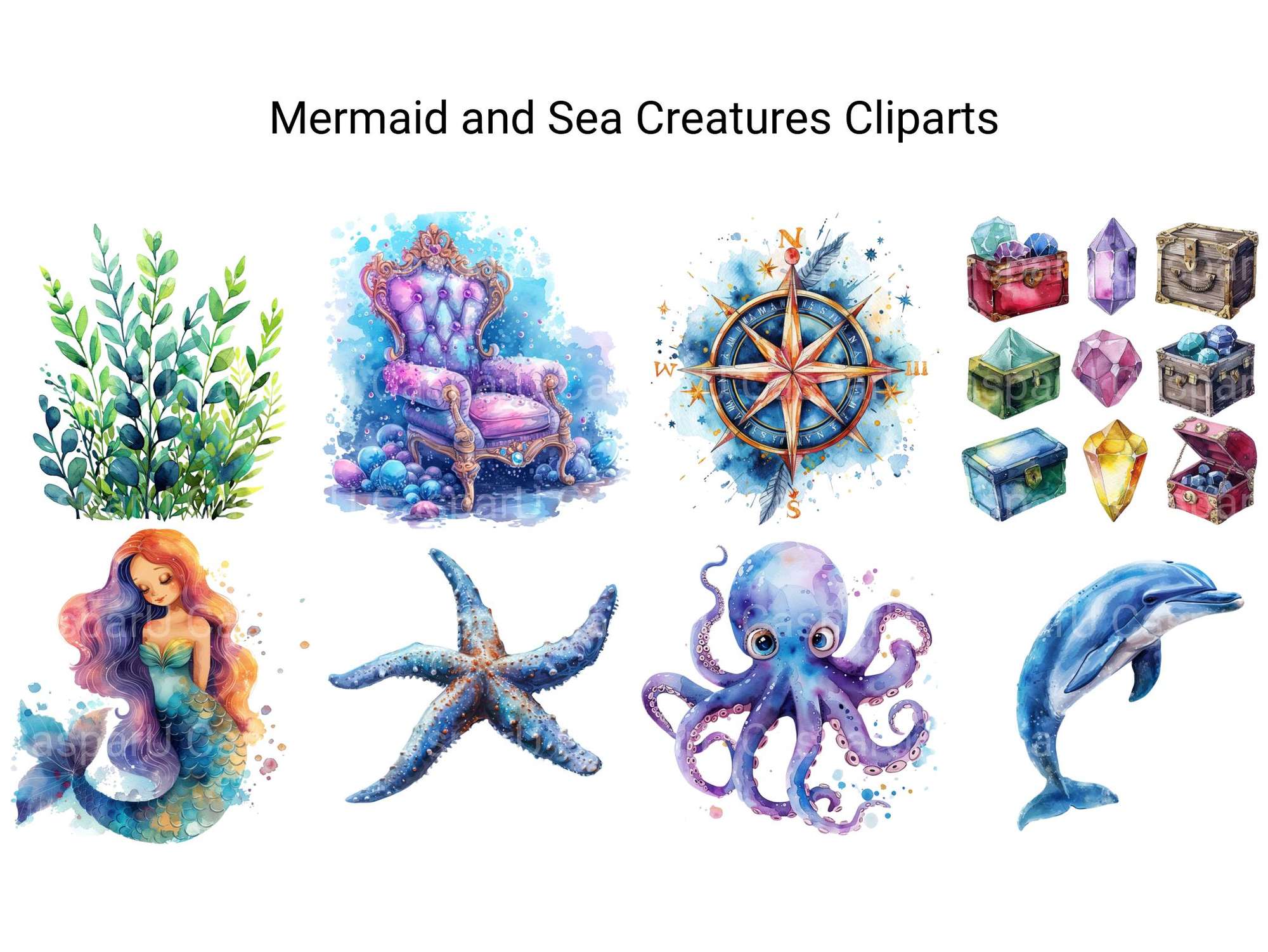 Mermaid And Sea Creatures Clipart