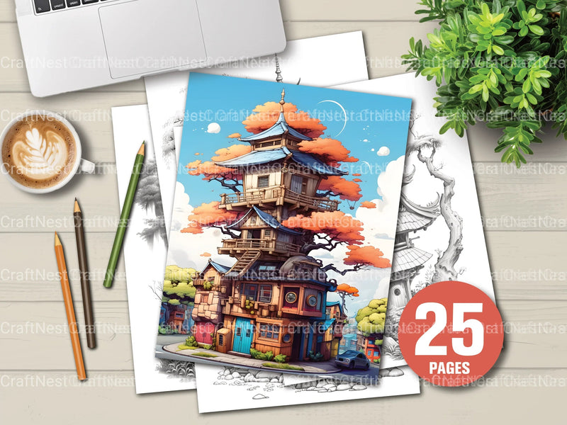 Japanese Fairy House Coloring Book - CraftNest - Digital Crafting and Art