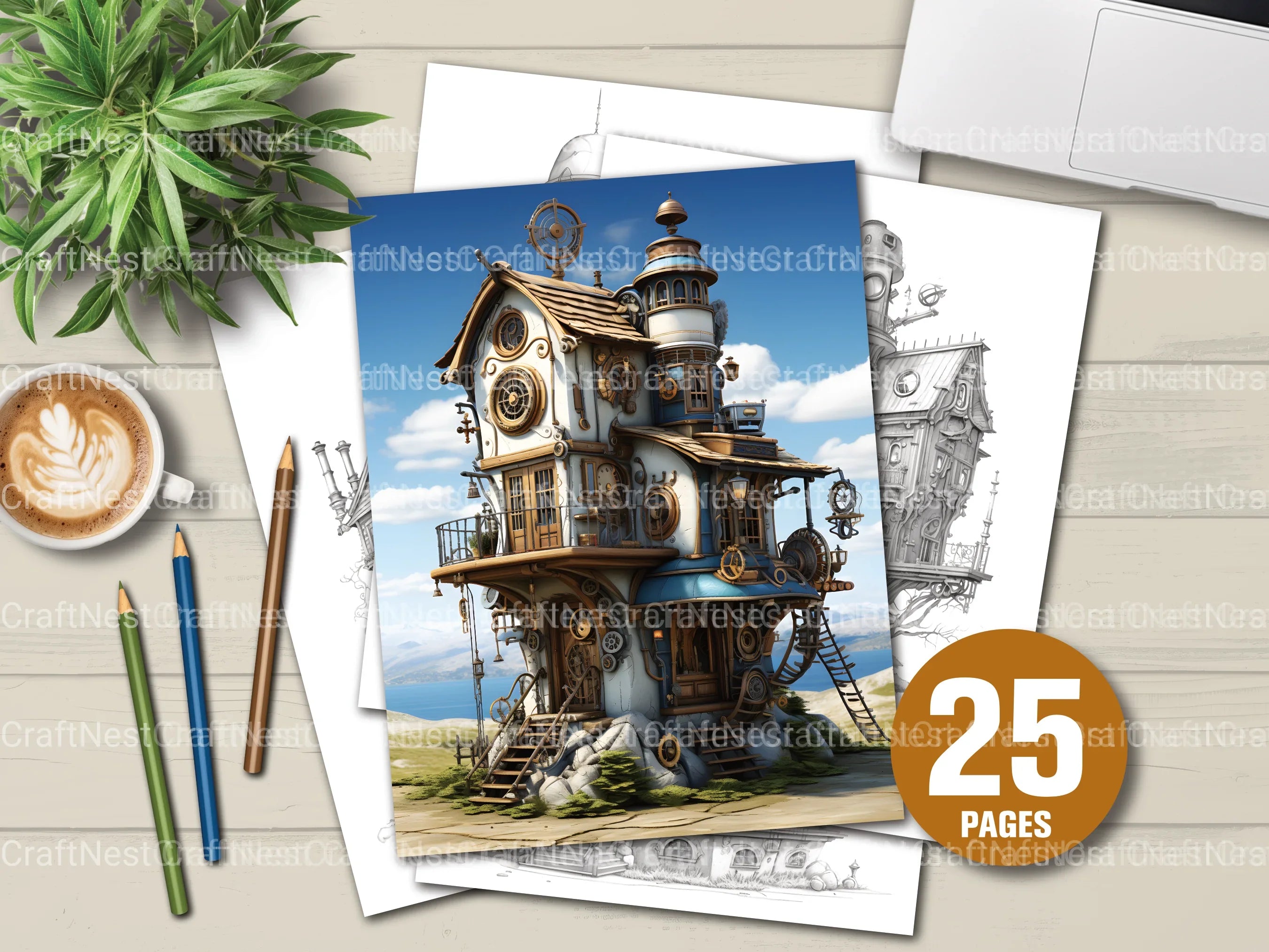 Steampunk Tiny House Coloring Book