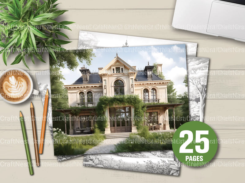 Luxury Villas Landscape Coloring Book - CraftNest - Digital Crafting and Art