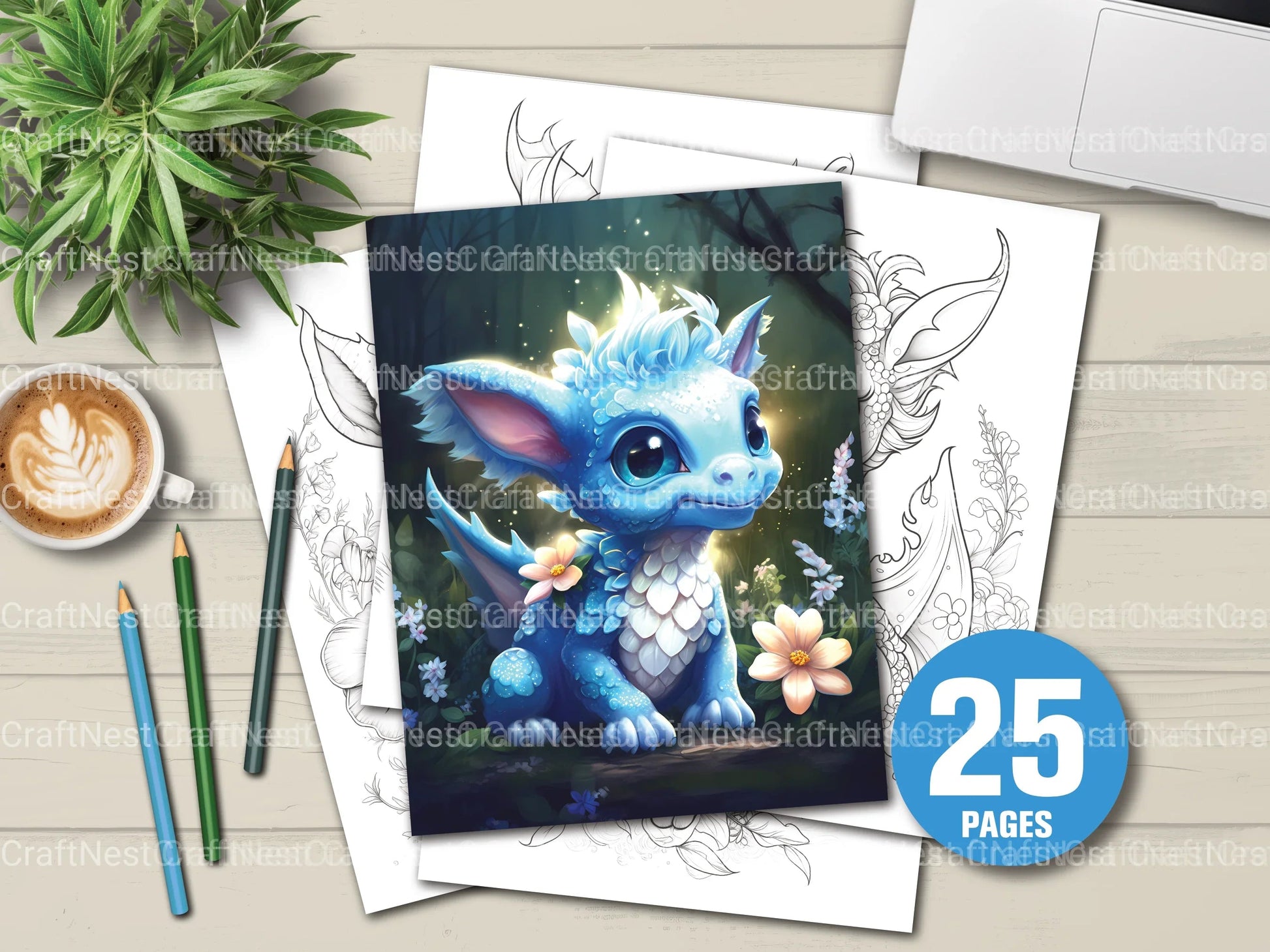 Baby Dragon With Flowers Coloring Book - CraftNest - Digital Crafting and Art