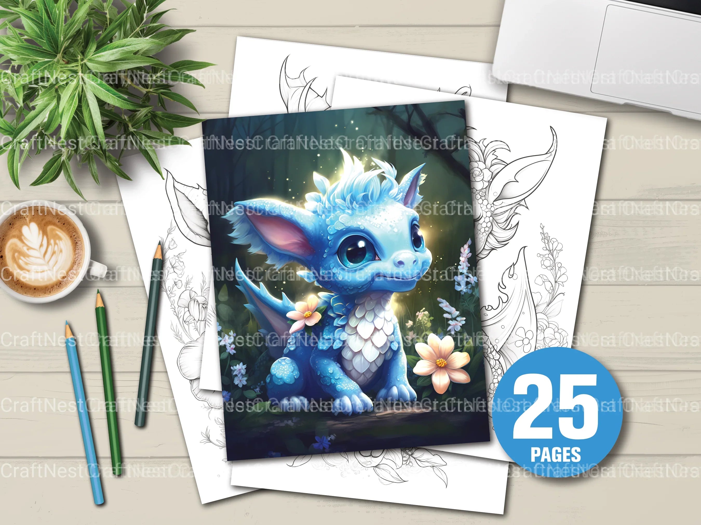 Baby Dragon With Flowers Coloring Book - CraftNest - Digital Crafting and Art