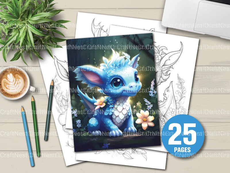 Baby Dragon With Flowers Coloring Book - CraftNest - Digital Crafting and Art