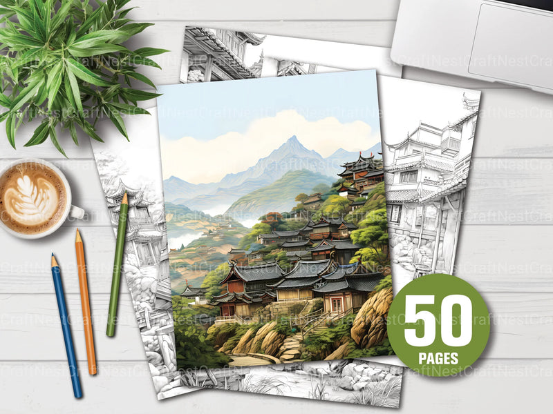 Old Chinese Villages Coloring Book - CraftNest - Digital Crafting and Art
