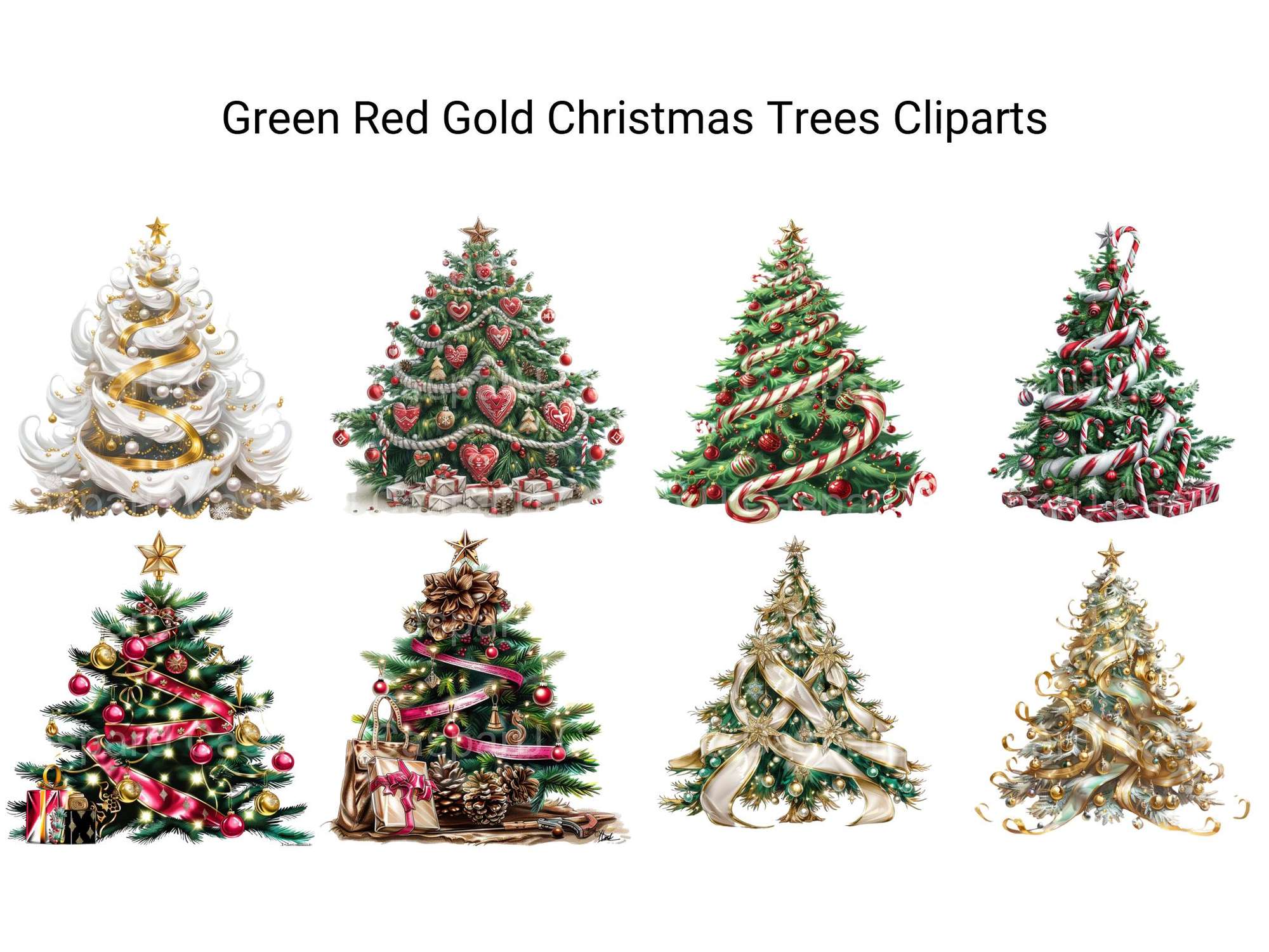 Green Red Gold Christmas Trees Clipart