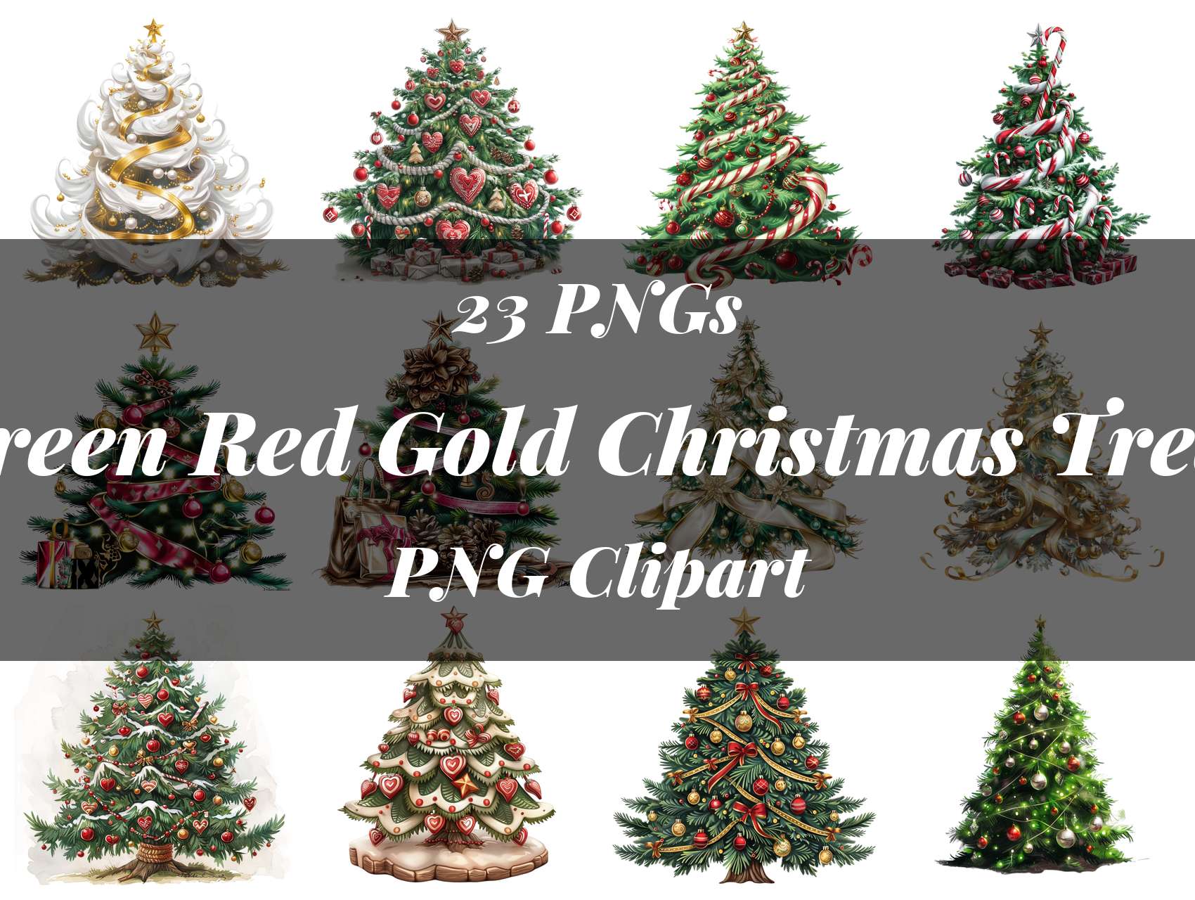 Green Red Gold Christmas Trees Clipart