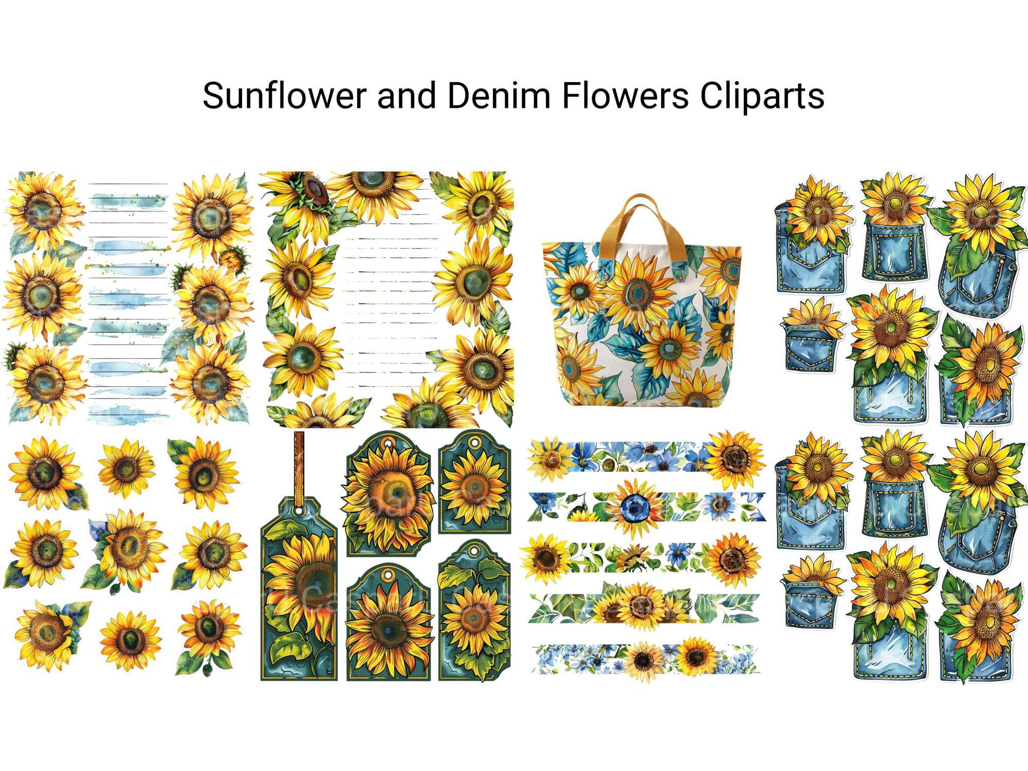 Sunflower and Denim Flowers Clipart