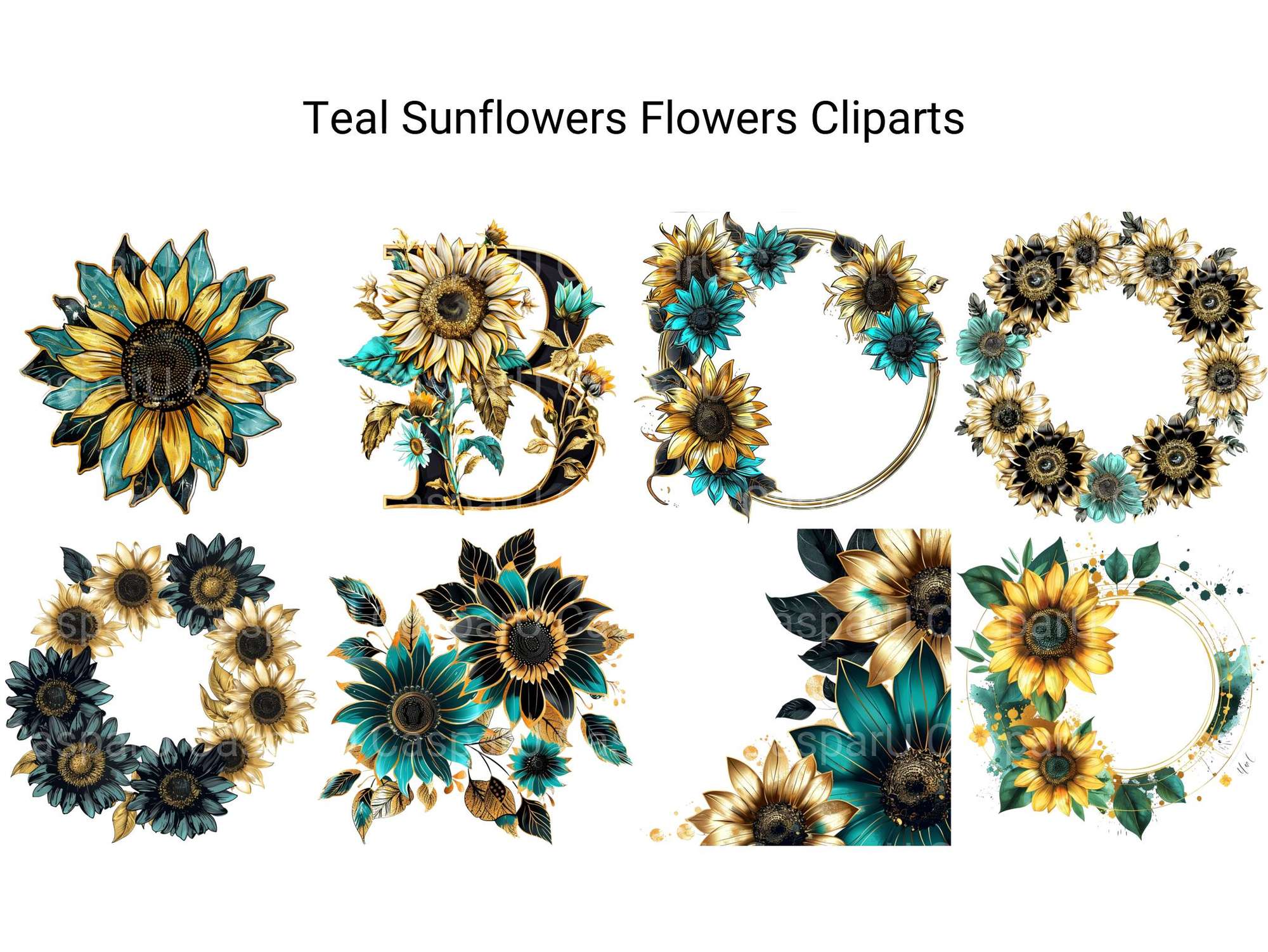 Teal Sunflowers Flowers Clipart