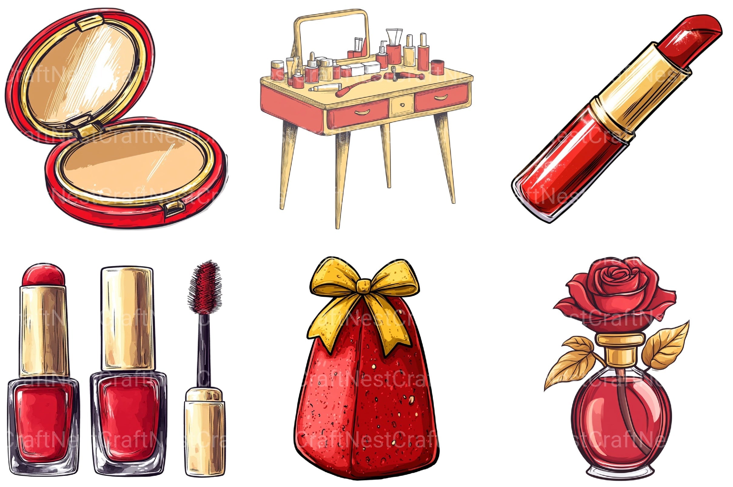 Red And Gold Cosmetics Clipart Bundle
