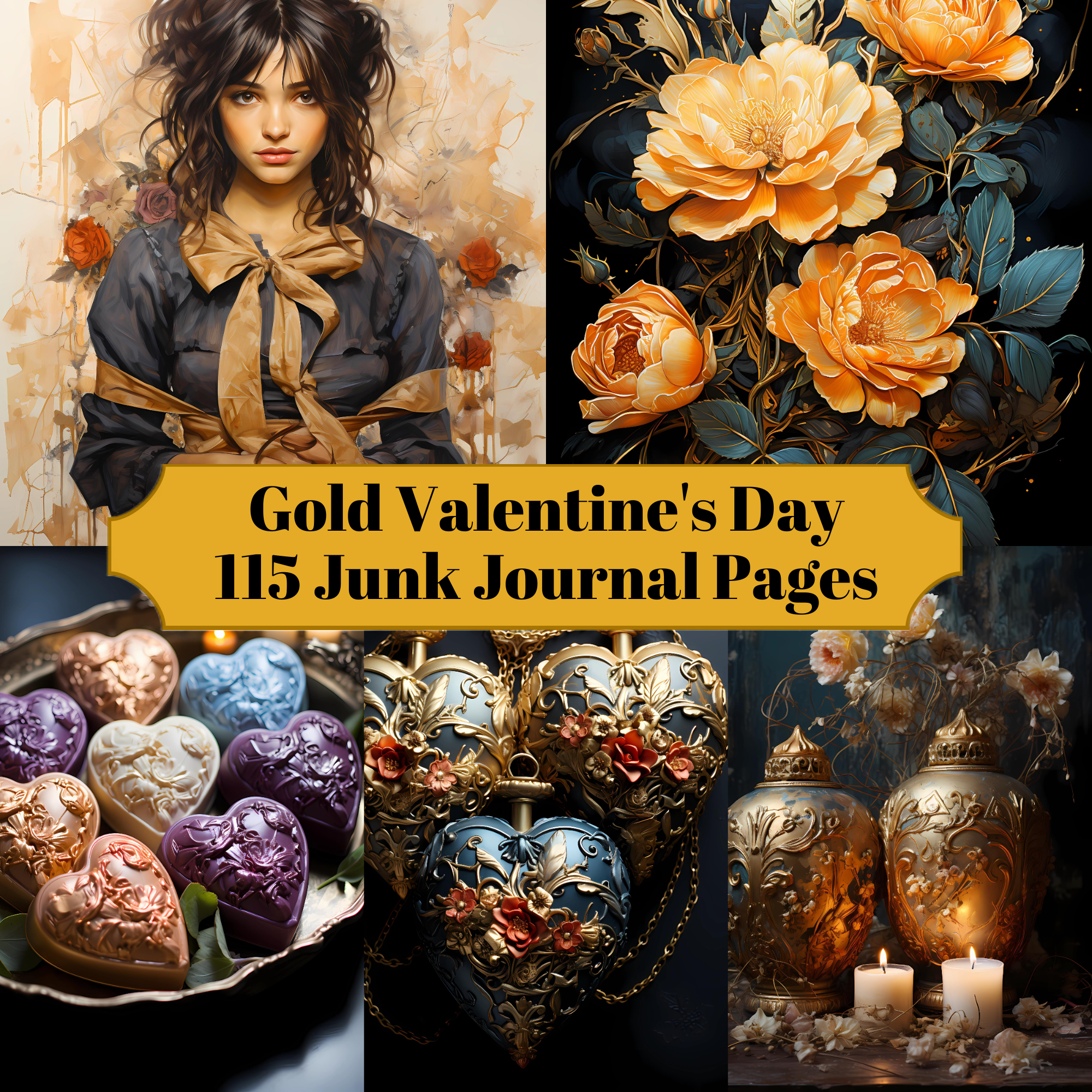 Gold Valentine's Day Junk Journal Pages