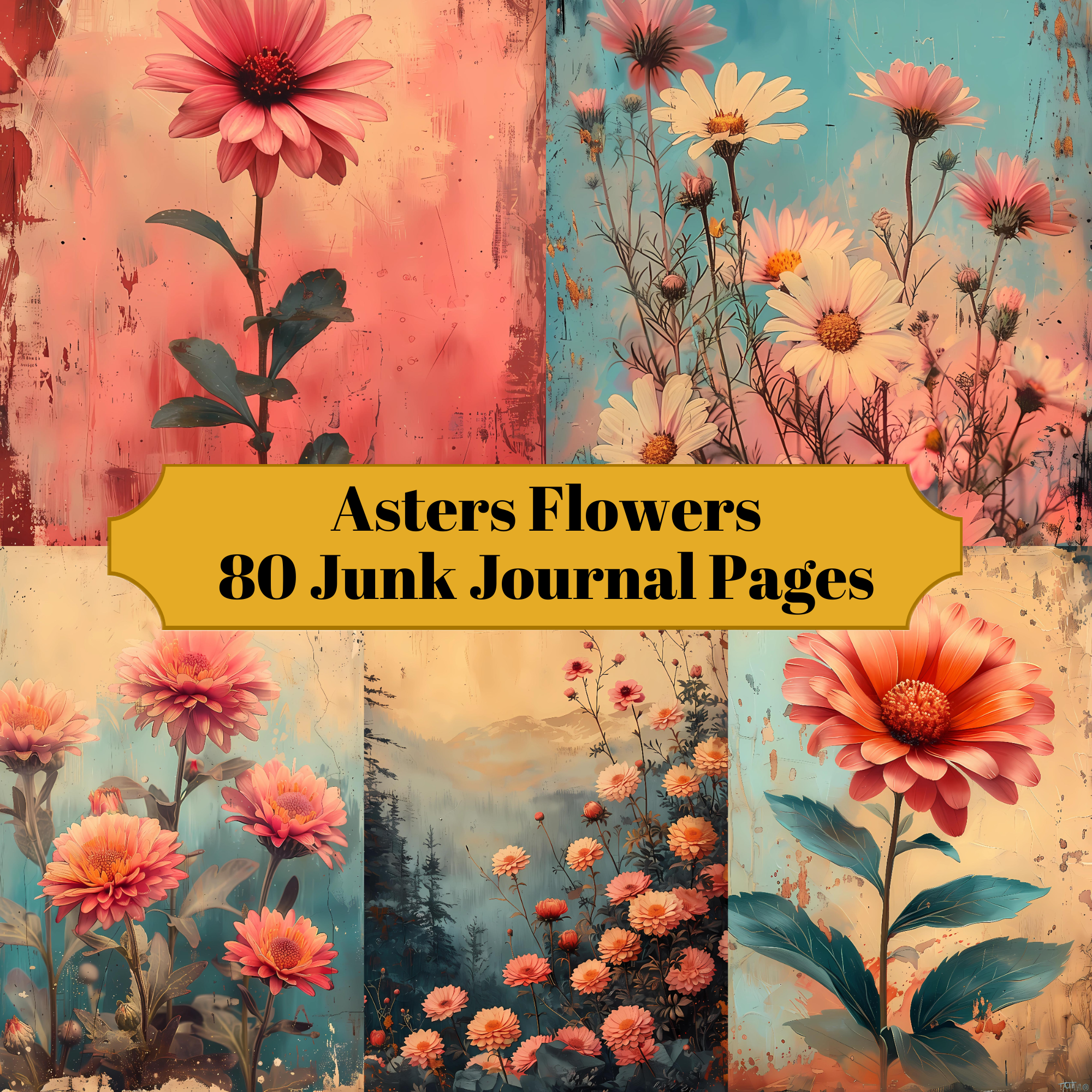 Asters Flowers Junk Journal Pages