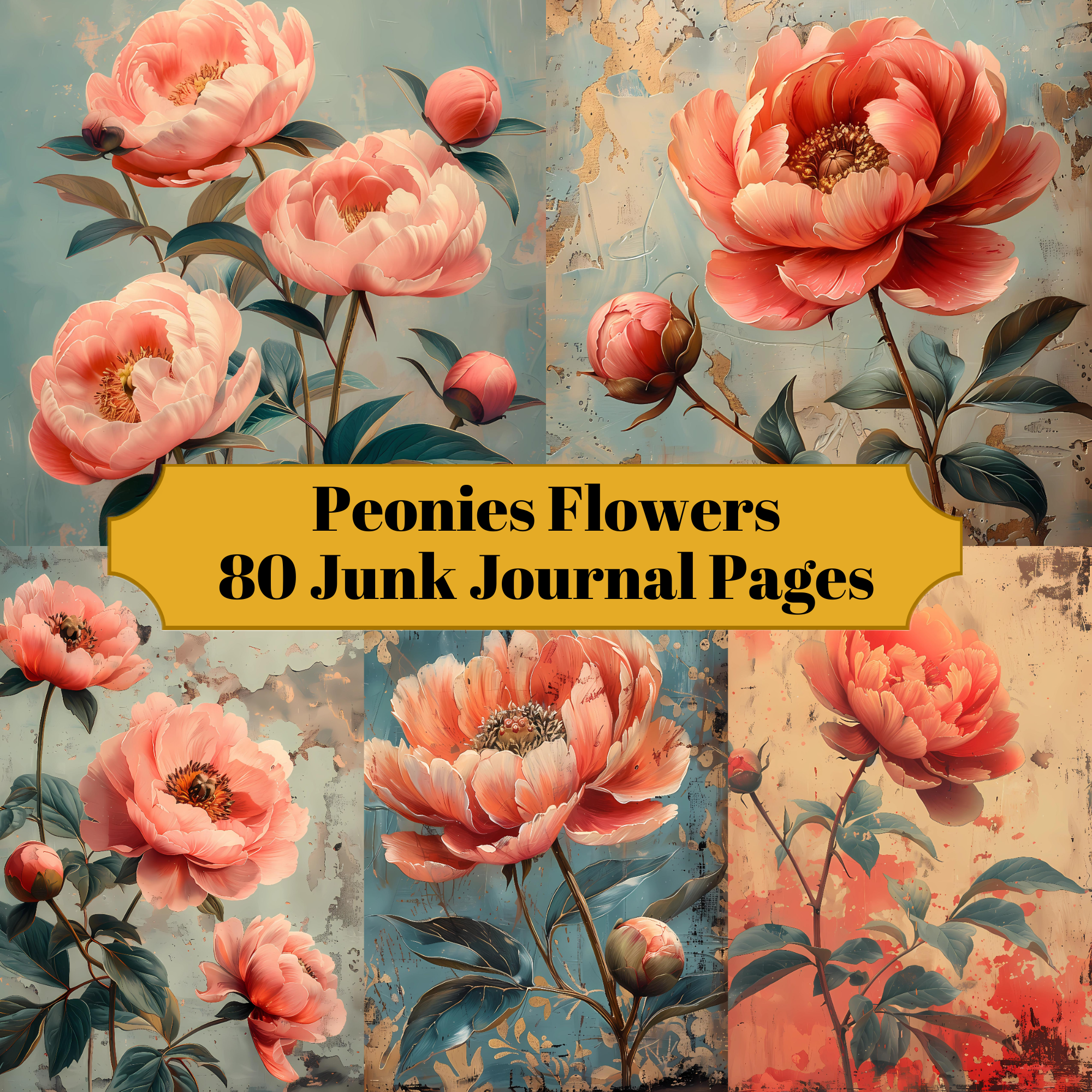 Peonies Flowers Junk Journal Pages
