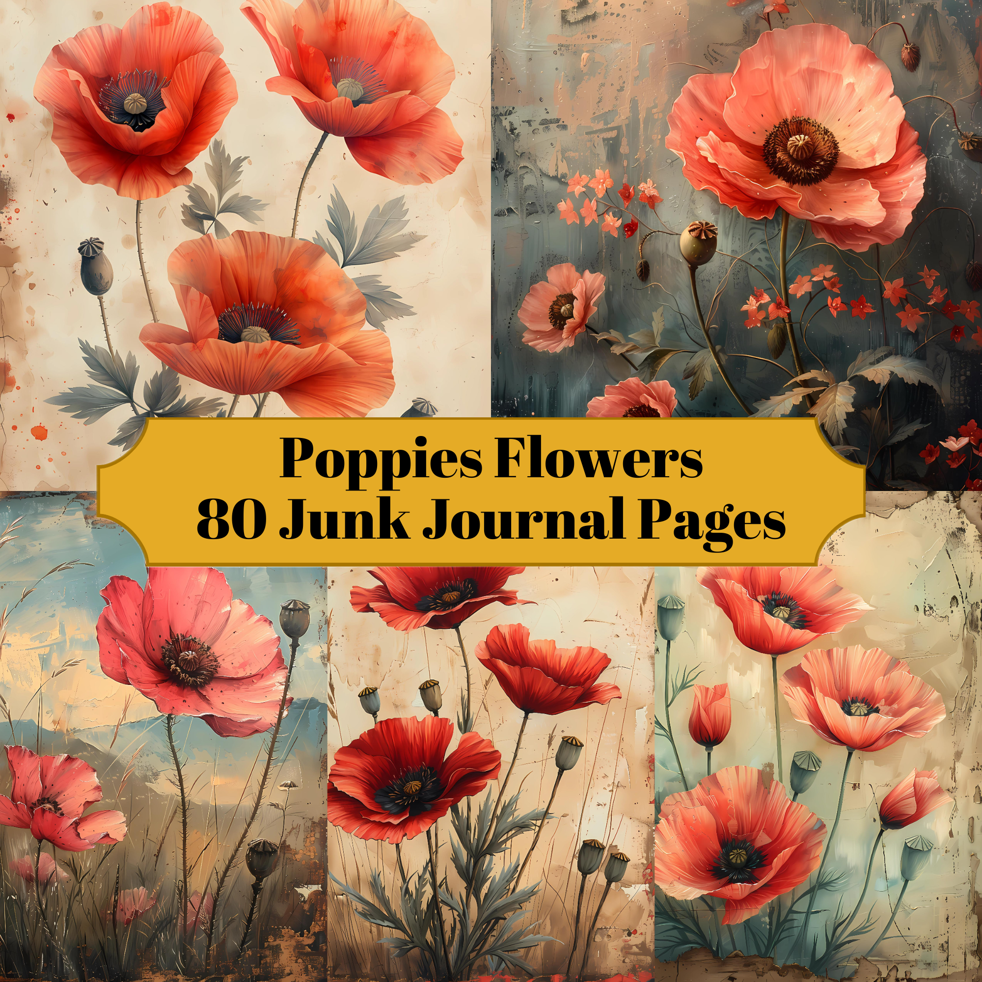 Poppies Flowers Junk Journal Pages