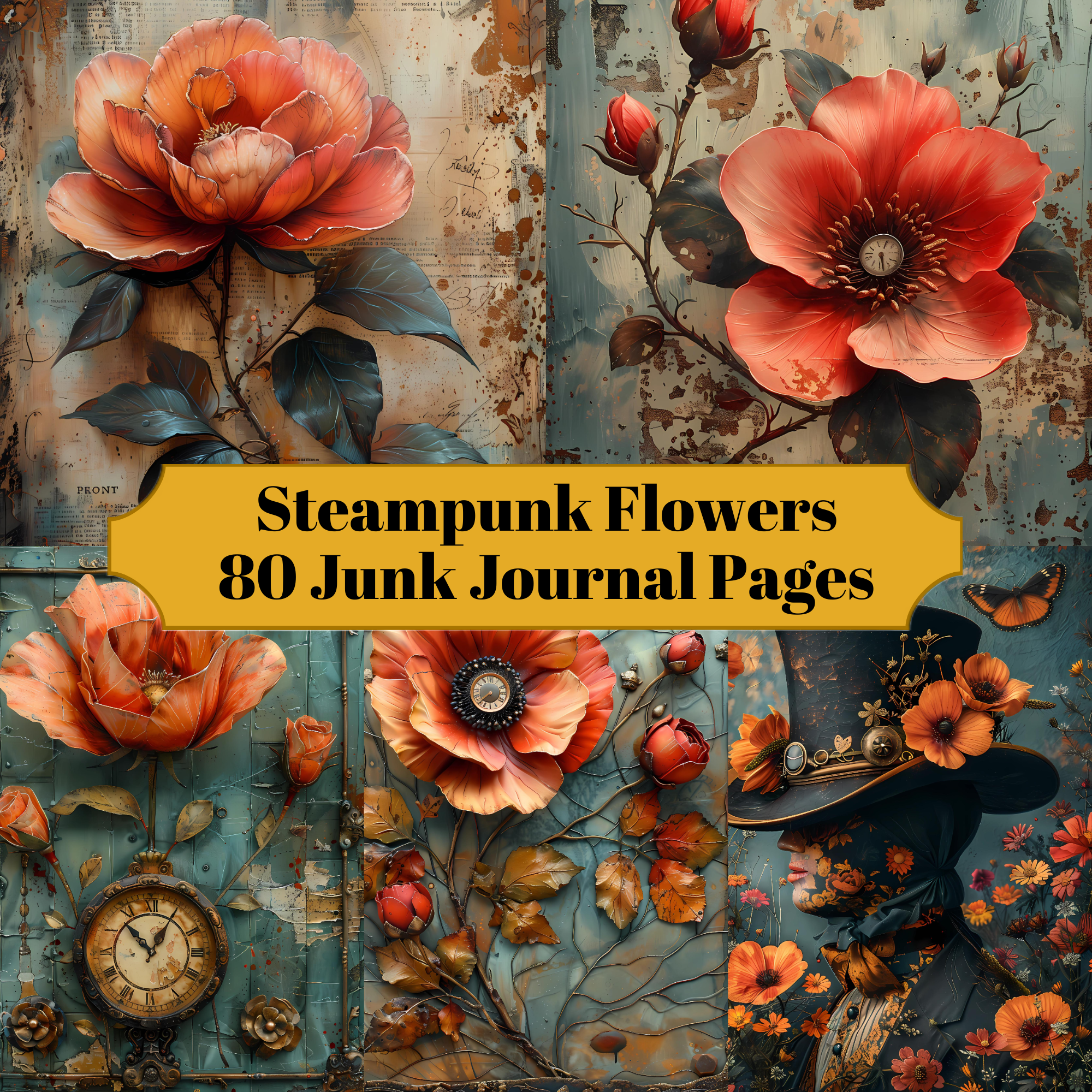 Steampunk Flowers Junk Journal Pages
