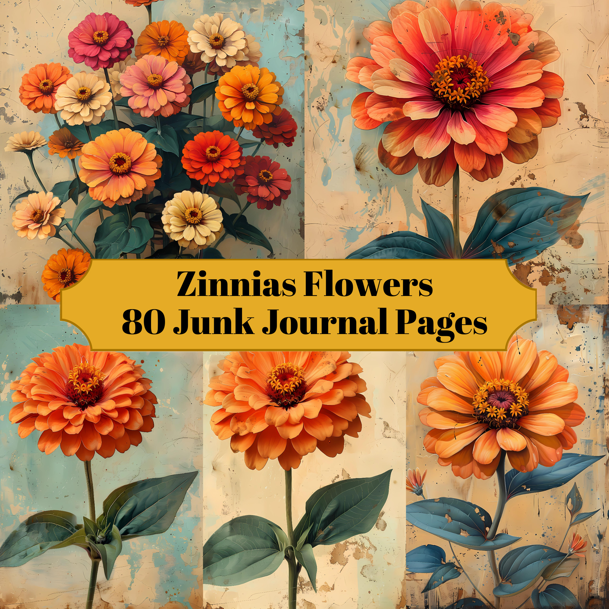 Zinnias Flowers Junk Journal Pages