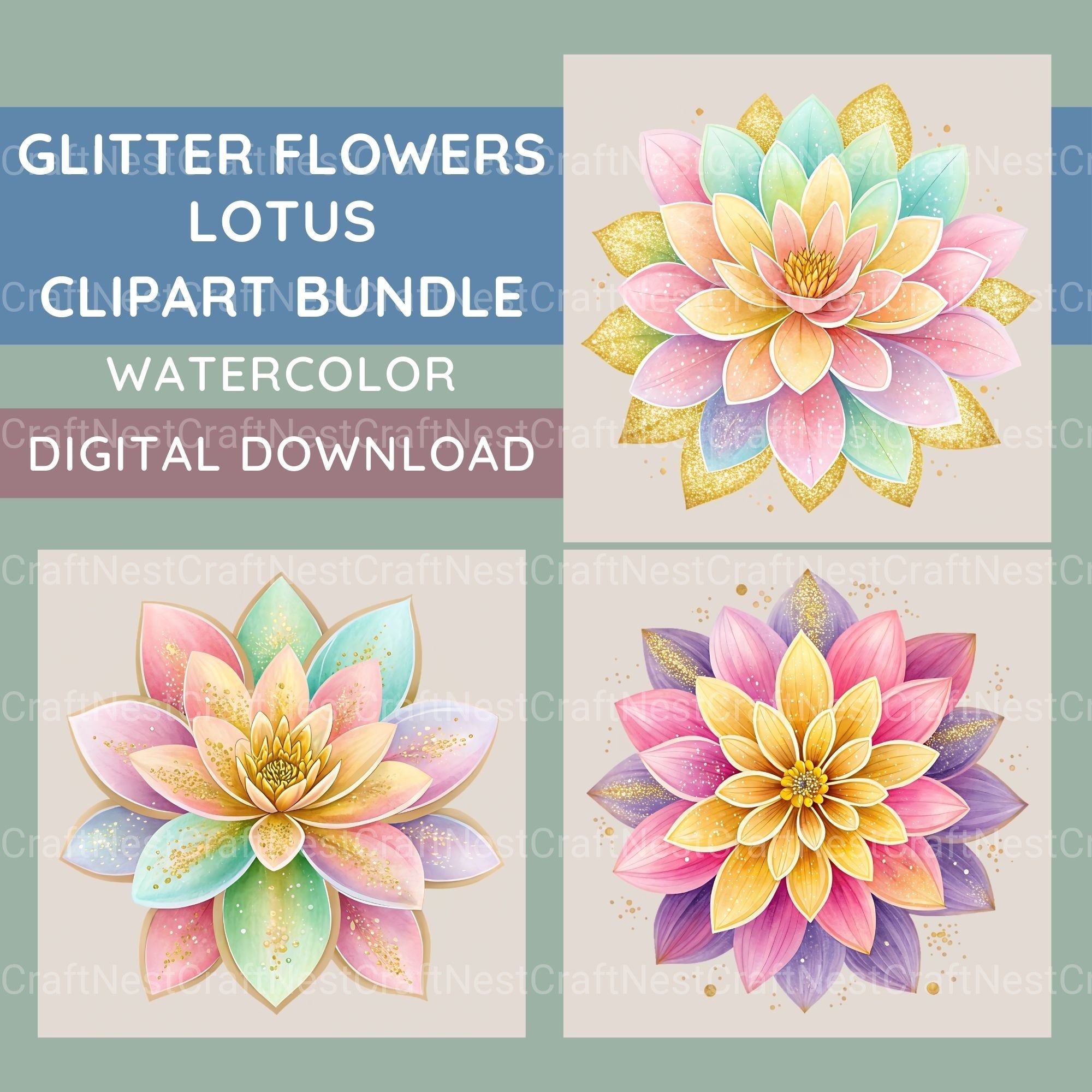 Glitter Flowers Clipart Bundle