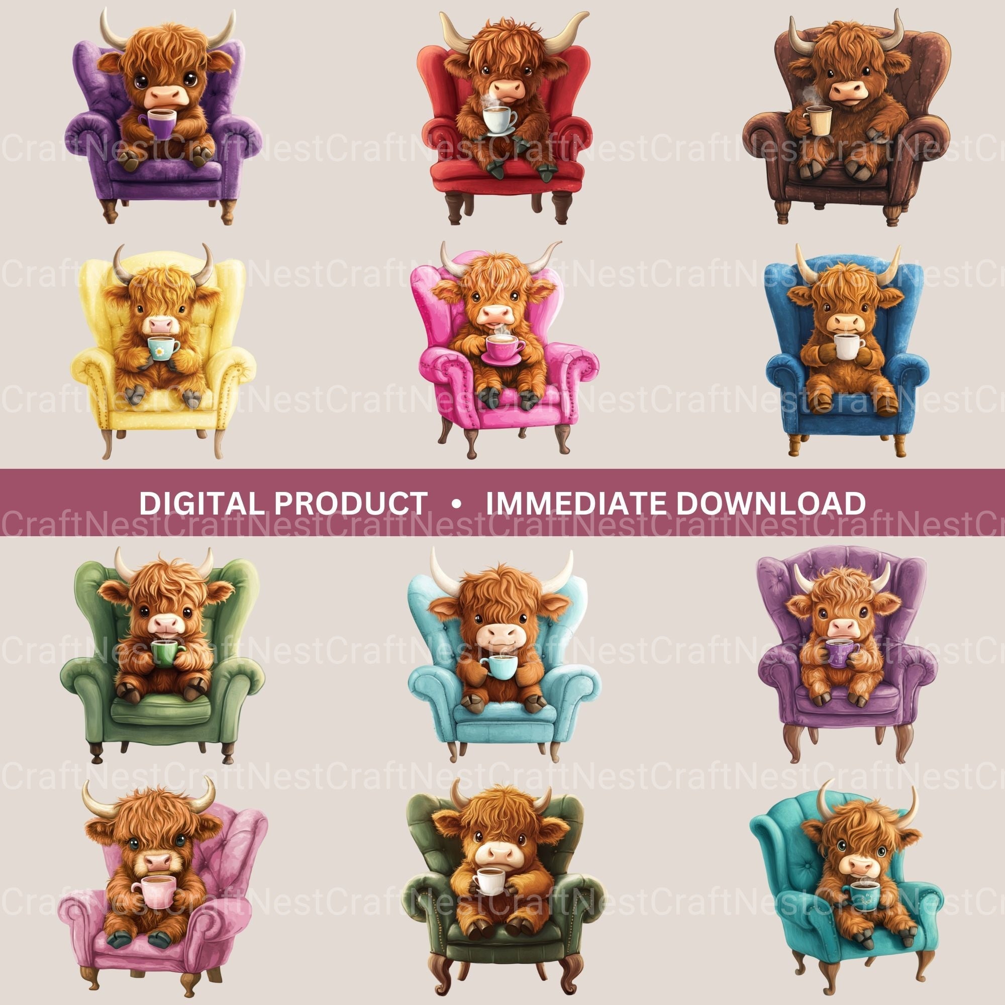 Highland Cow Drinking Coffee Clipart Bundle