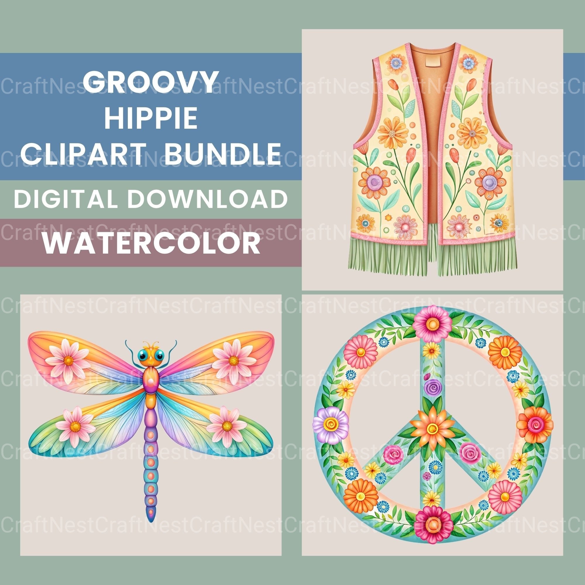 Groovy Hippie Clipart Bundle