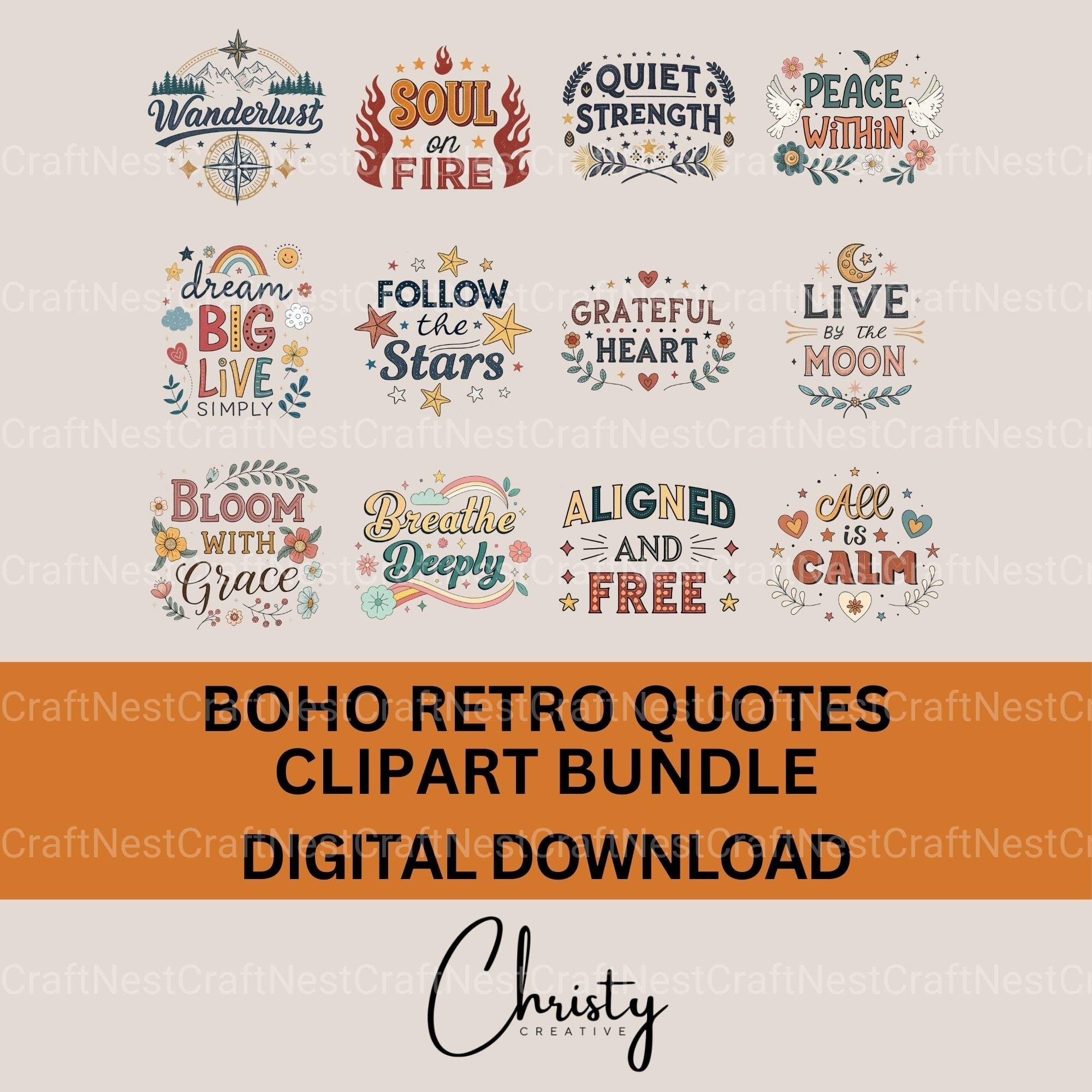 Boho Retro Quotes Clipart Bundle