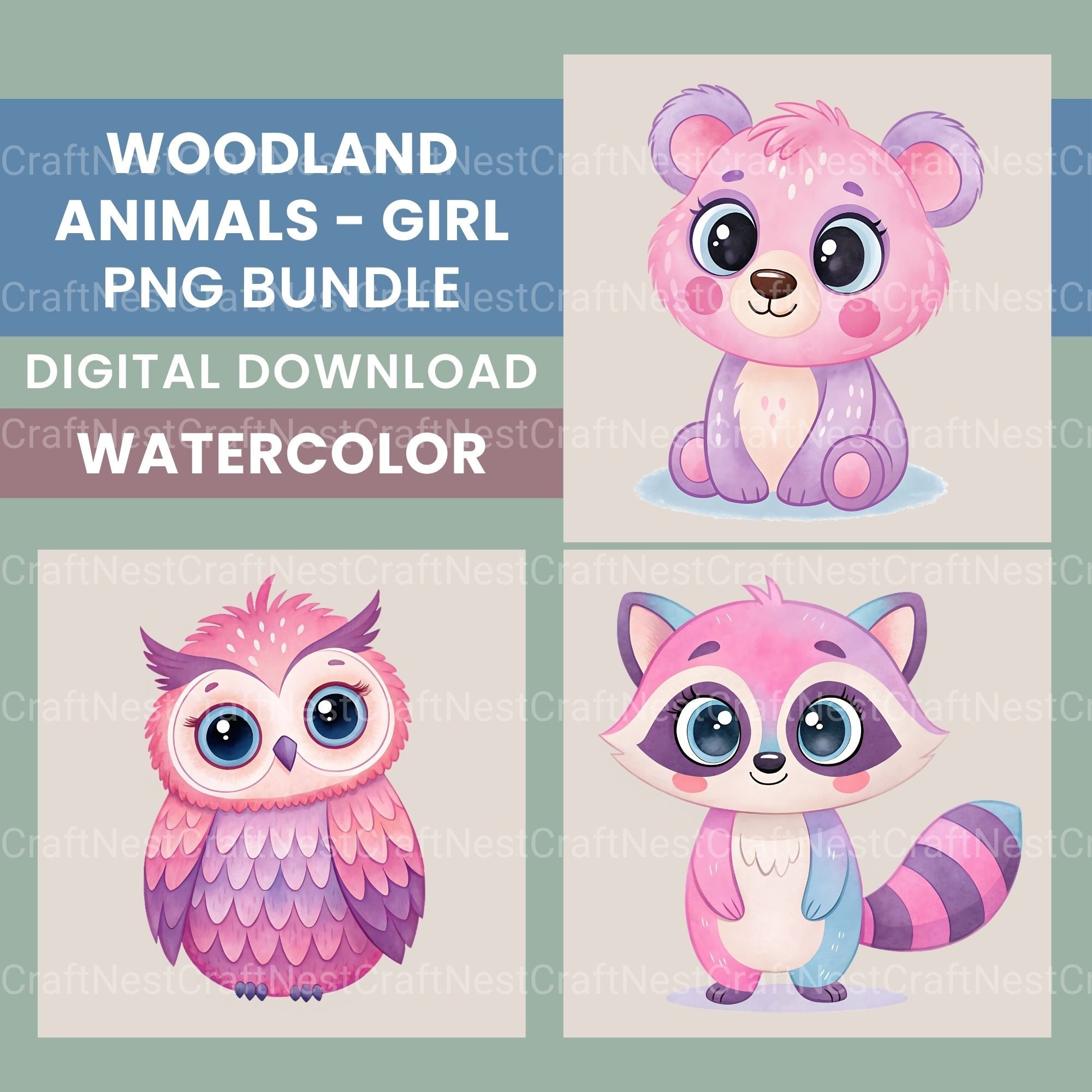 Girl Woodland Animals Clipart Bundle
