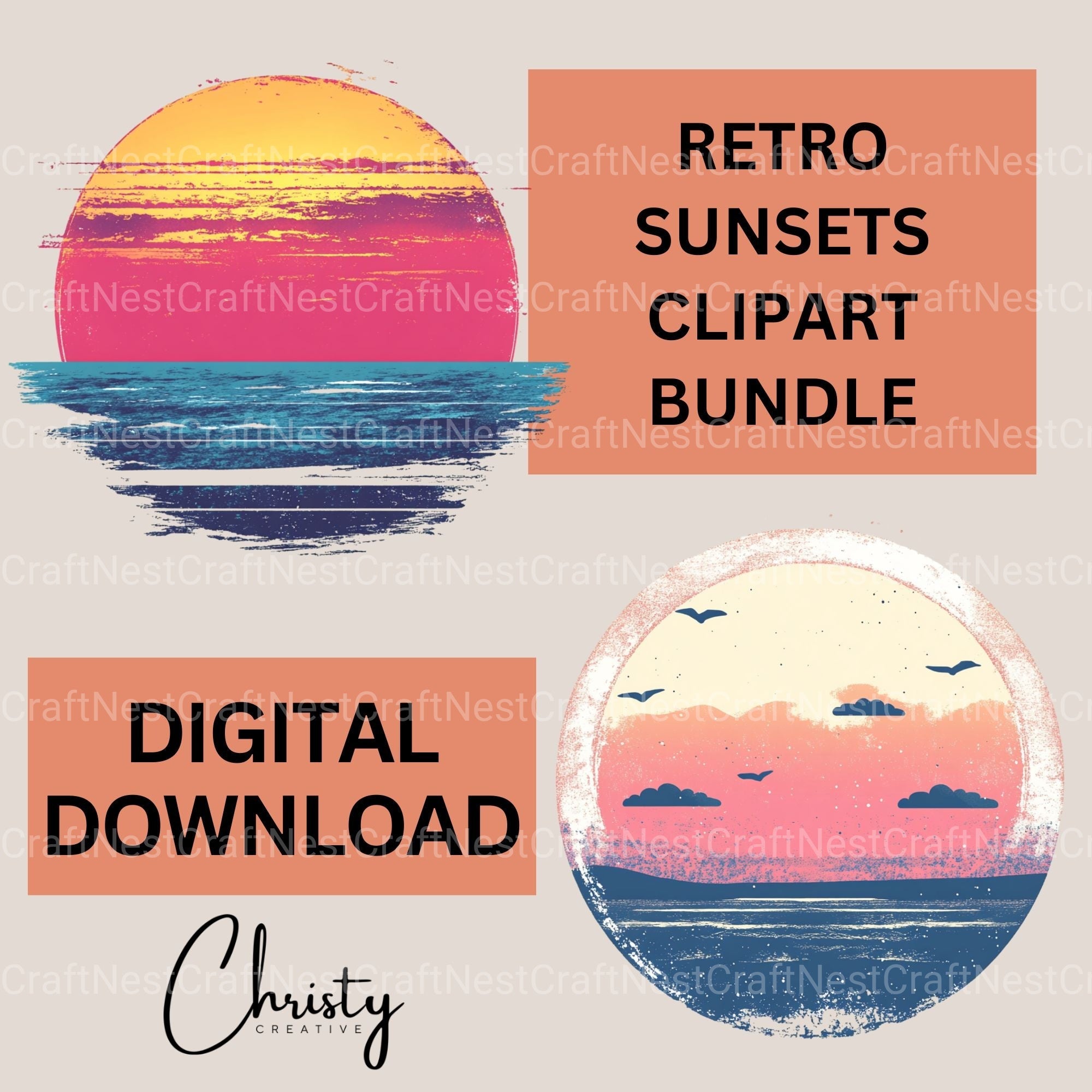 Retro Sunsets Clipart Bundle