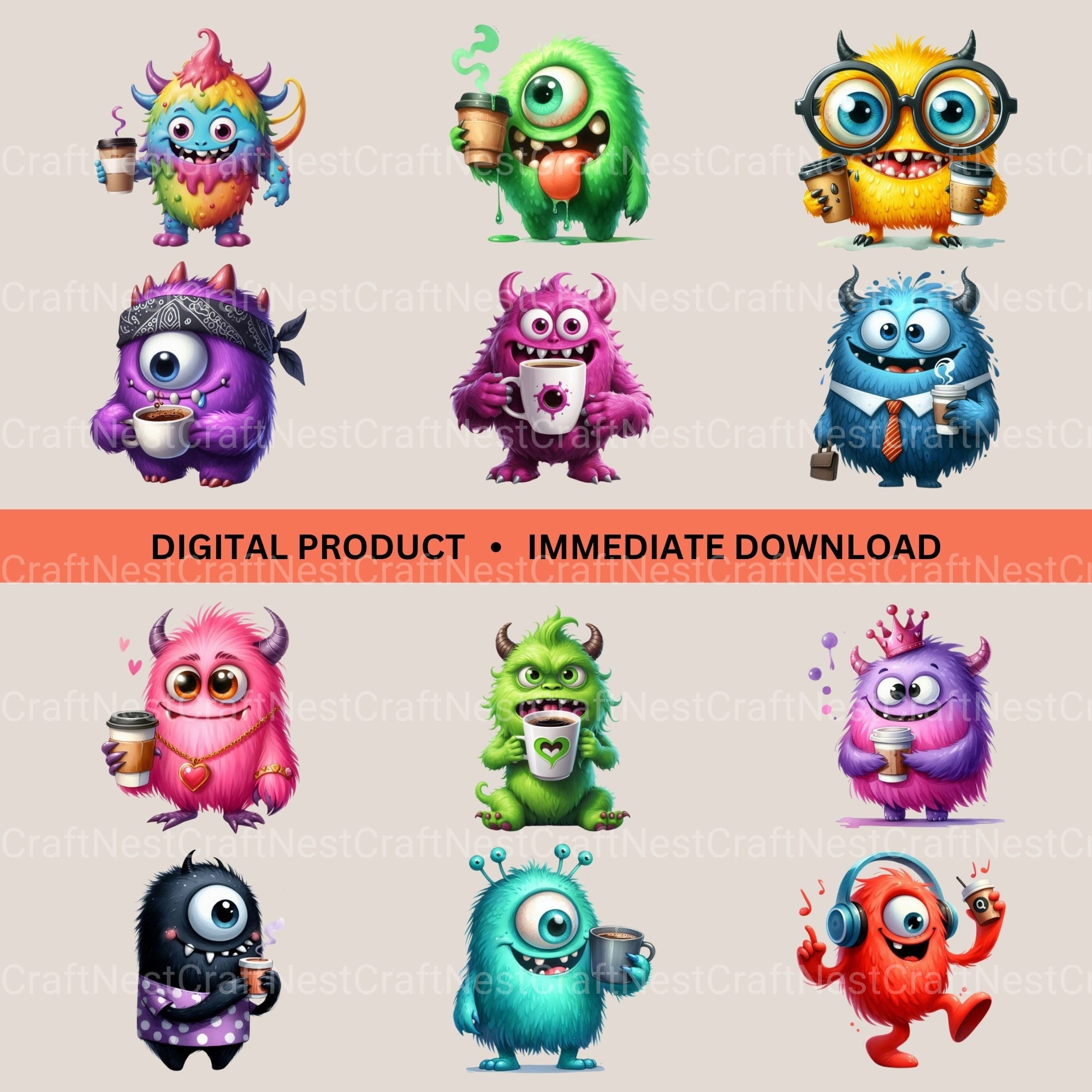 Coffee Monsters Updated Clipart Bundle