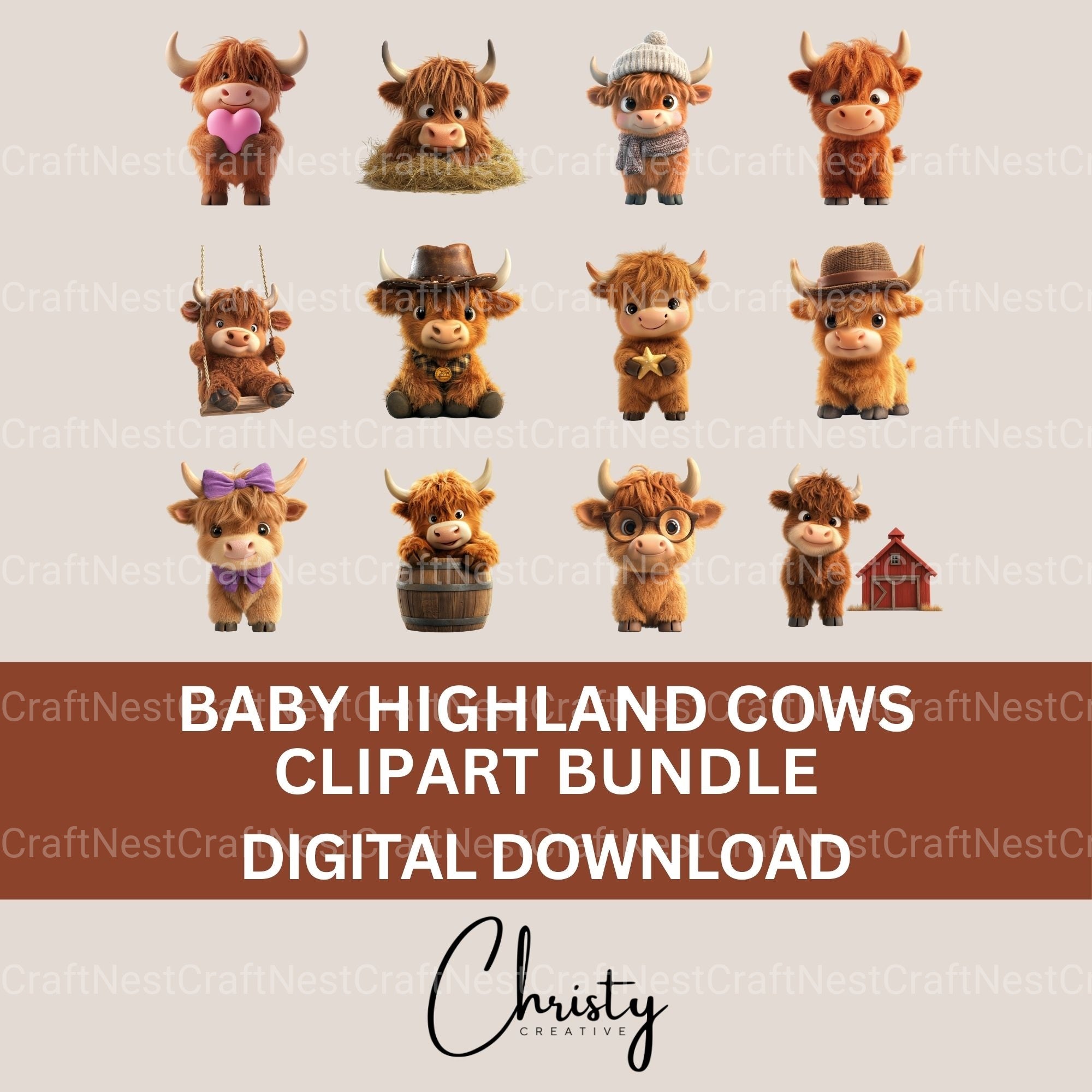 Highland Cows 3D Clipart Bundle