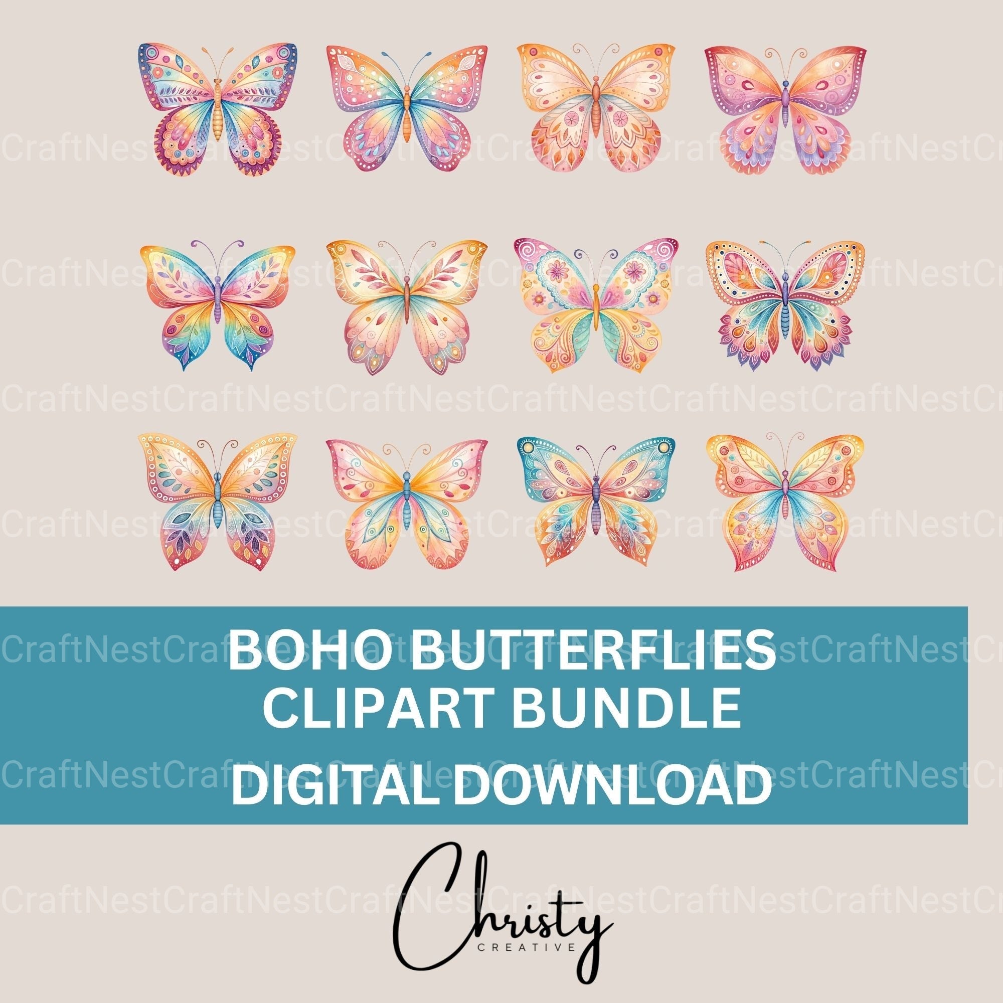 Boho Butterflies Clipart Bundle 1