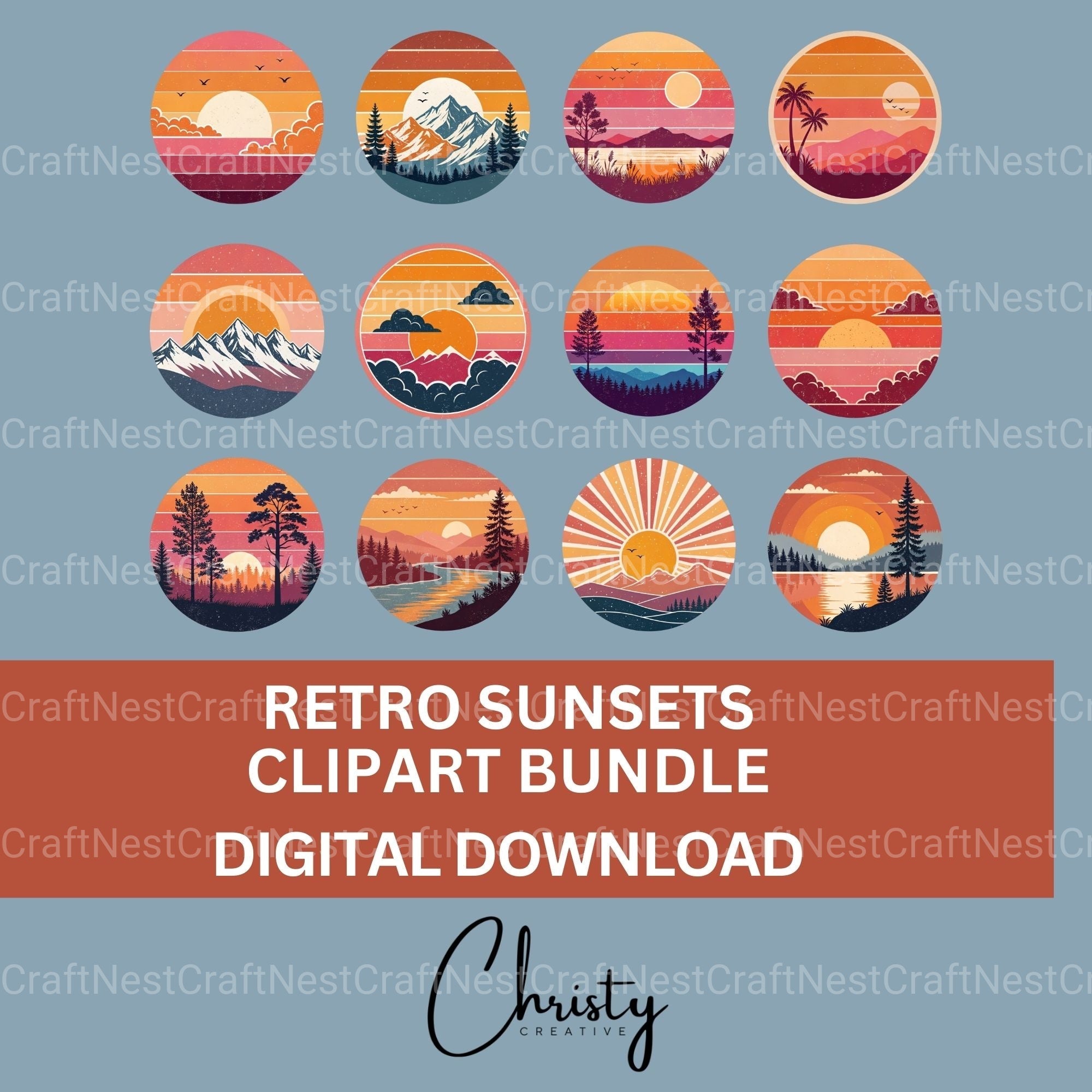 Retro Sunsets Clipart Bundle