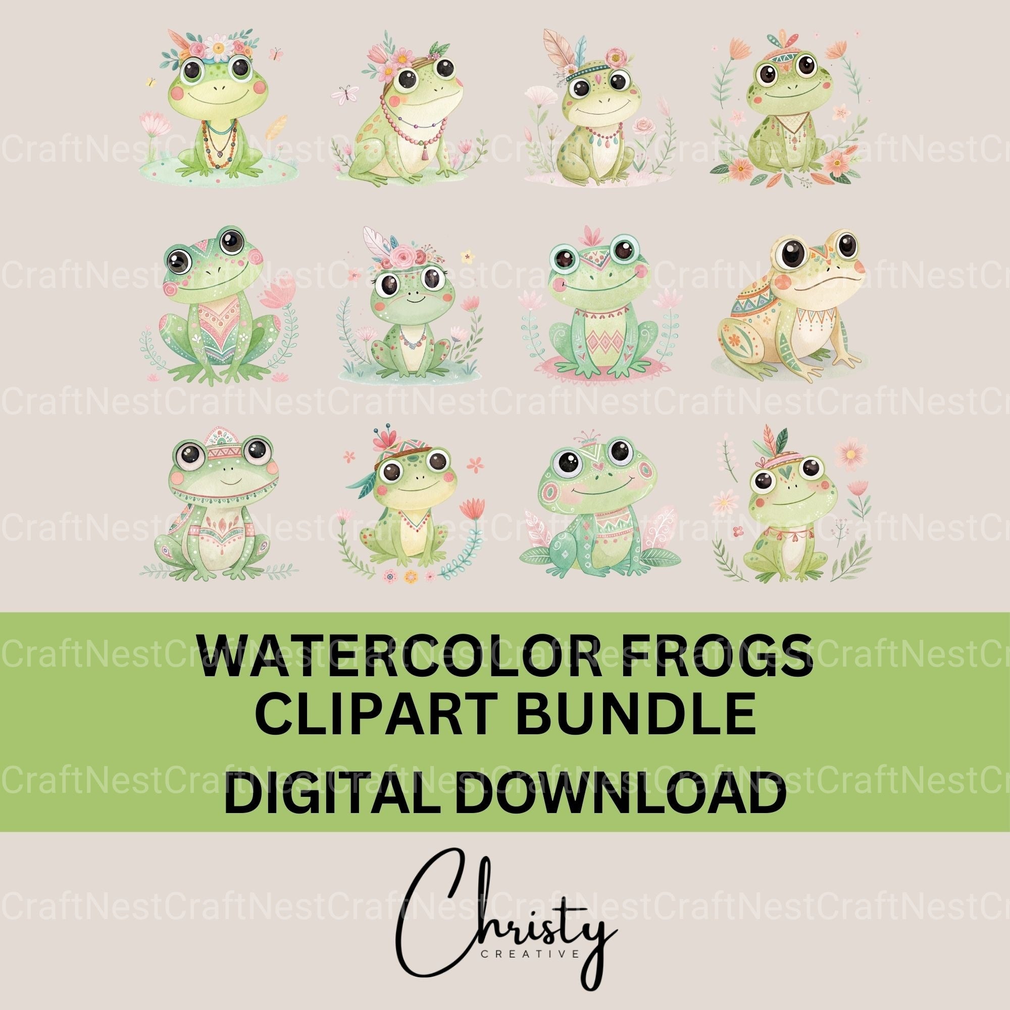 Boho Frogs Clipart Bundle