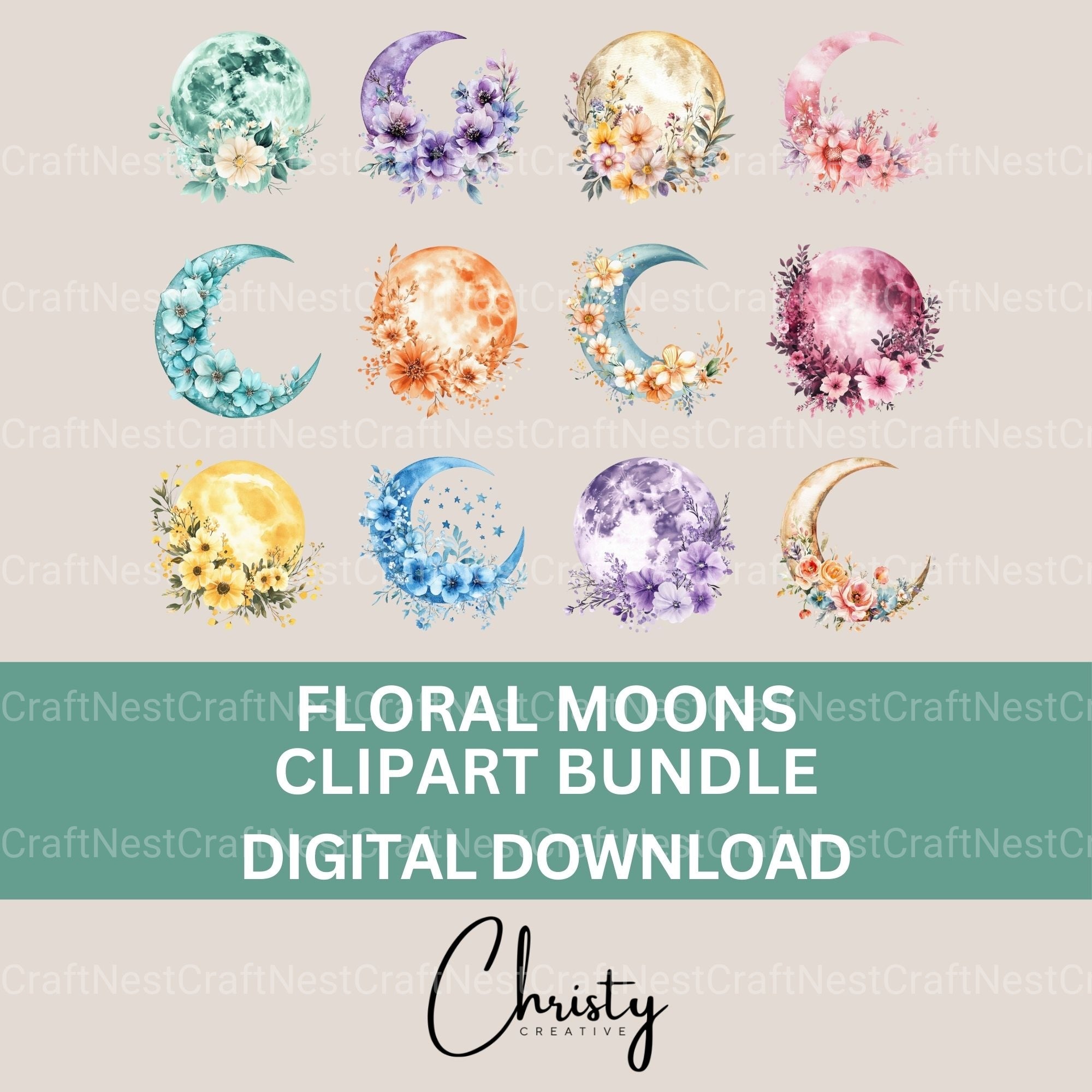 Floral Moon Clipart Bundle