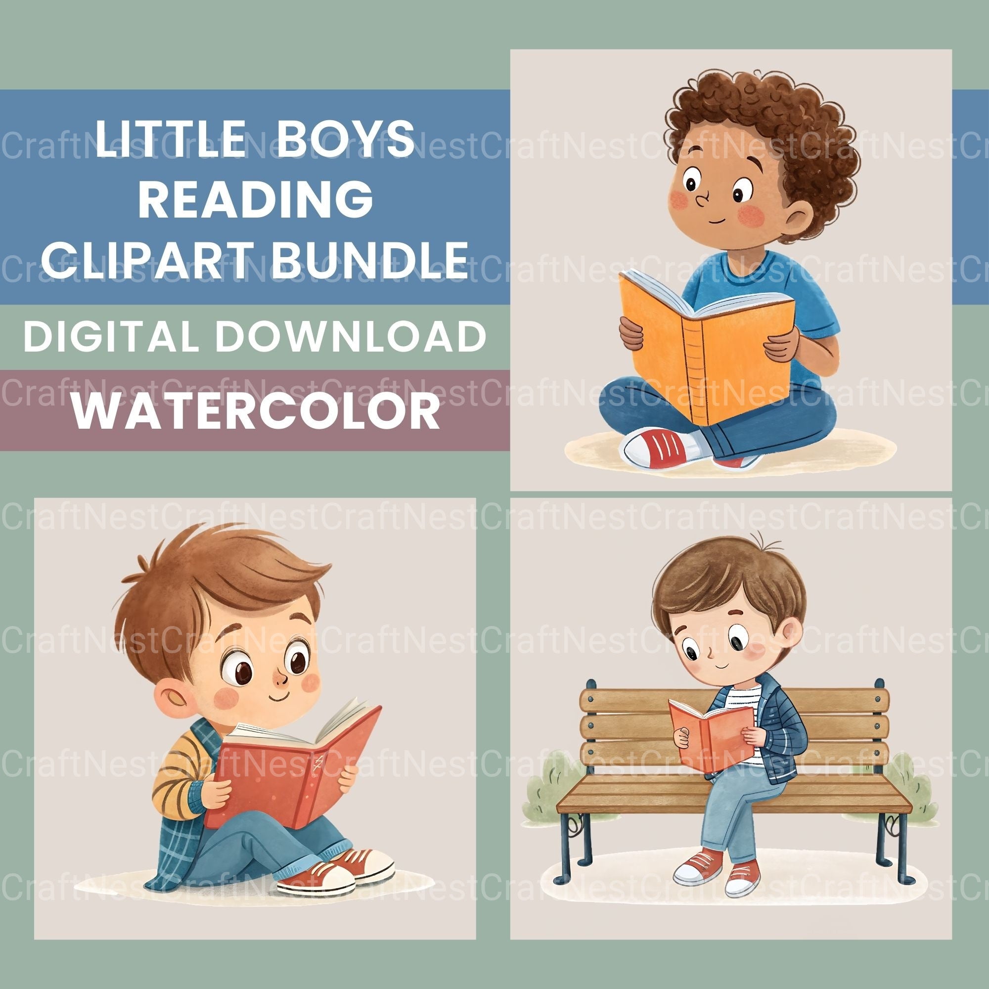 Little Boy Reading Clipart Bundle