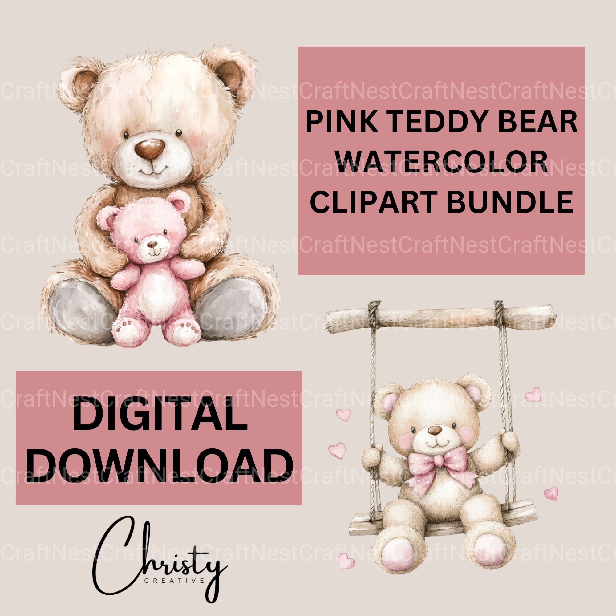 Pink Teddy Bear Clipart Bundle
