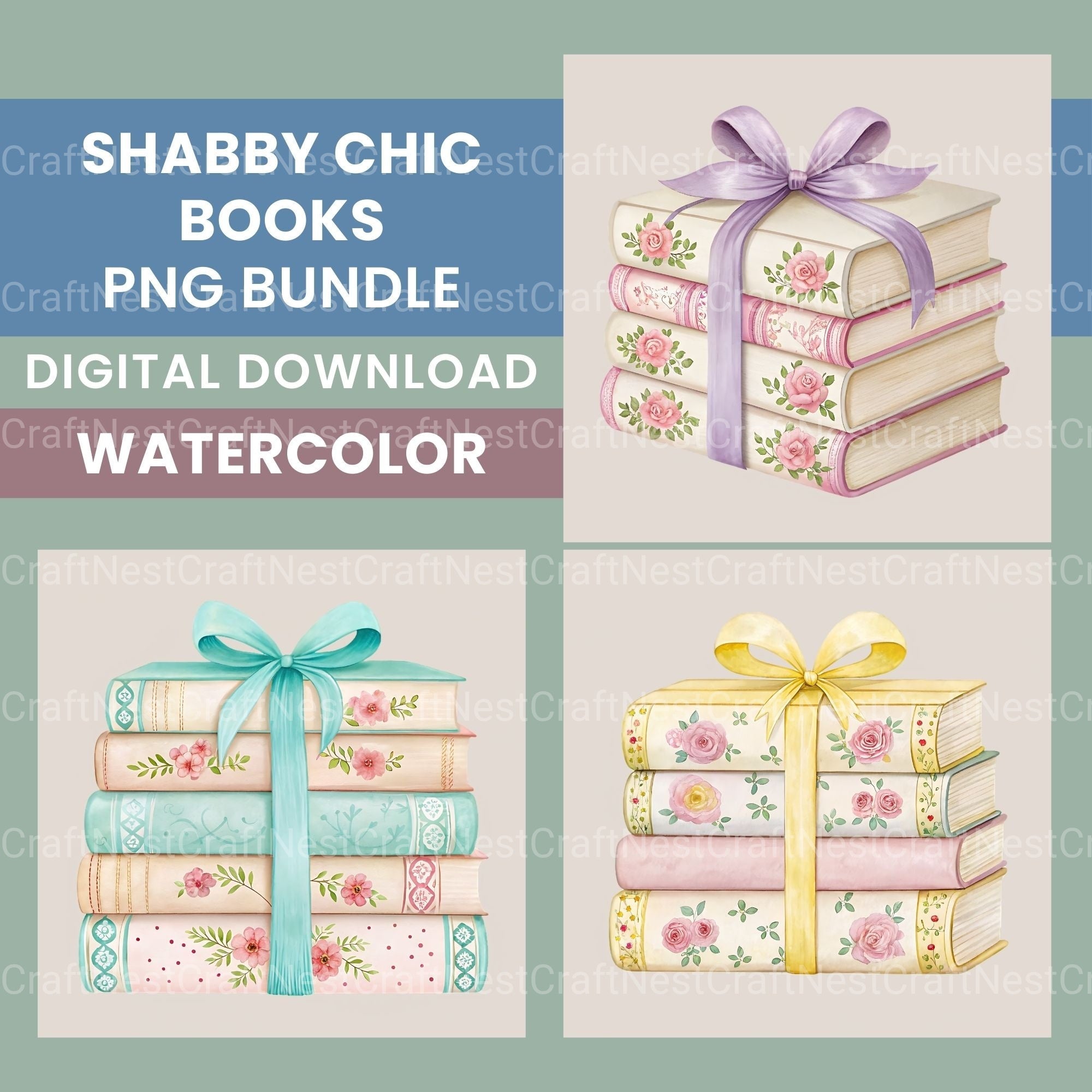 Floral Books Ribbons Clipart Bundle