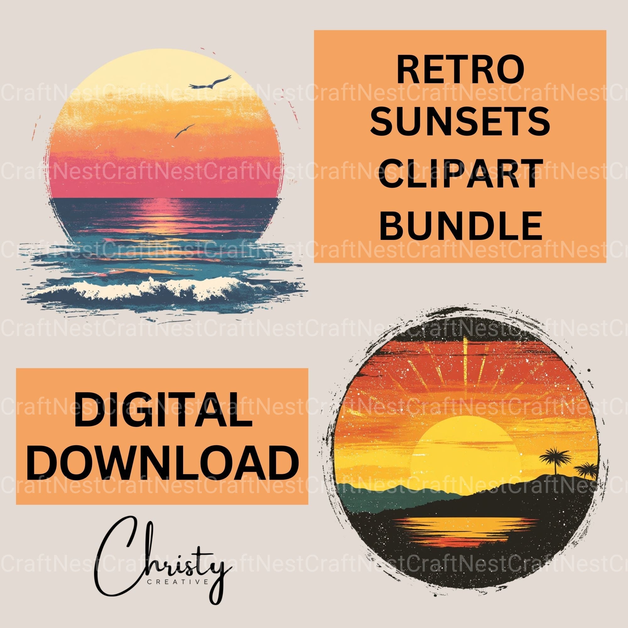 Retro Sunsets 2 Clipart Bundle 1