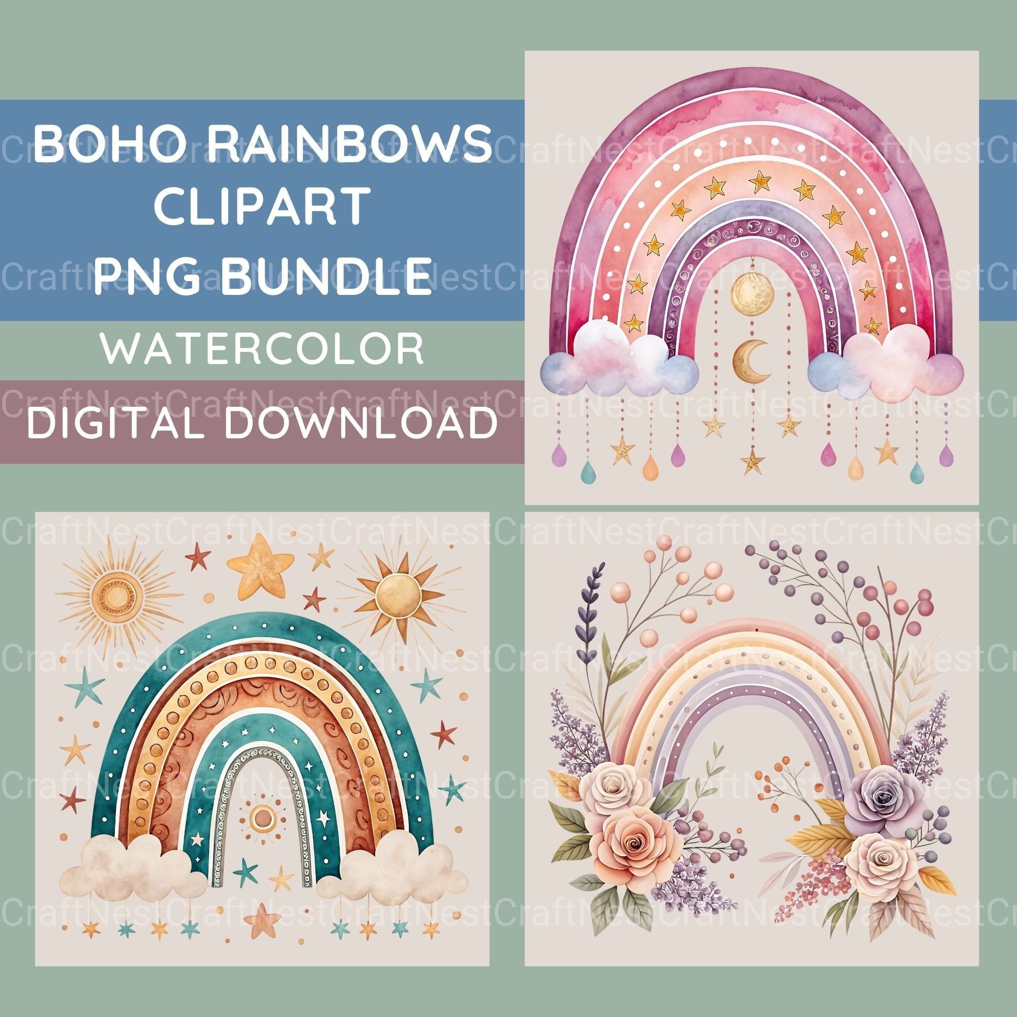 Boho Rainbows Clipart Bundle