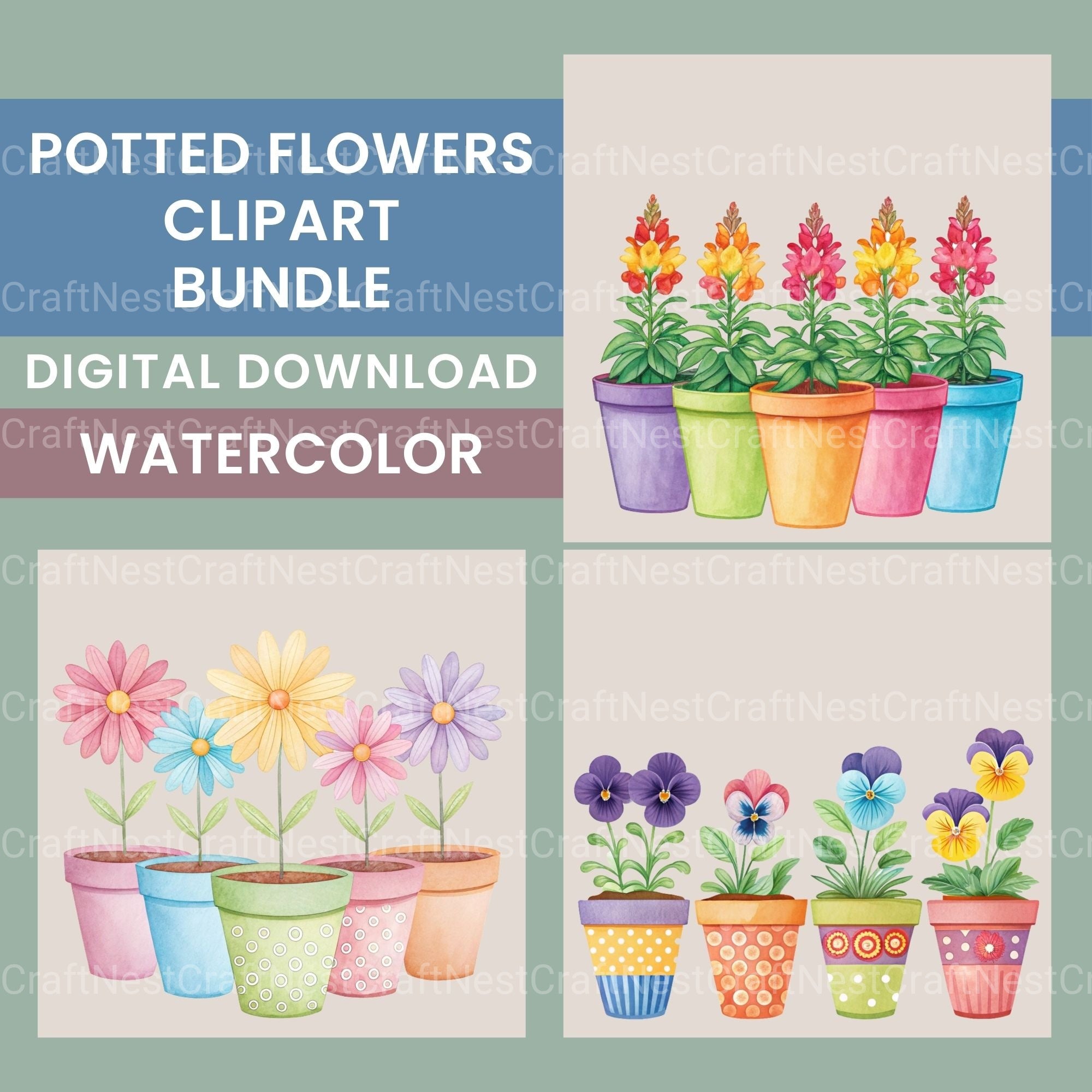 Flowers In Pots Clipart Bundle