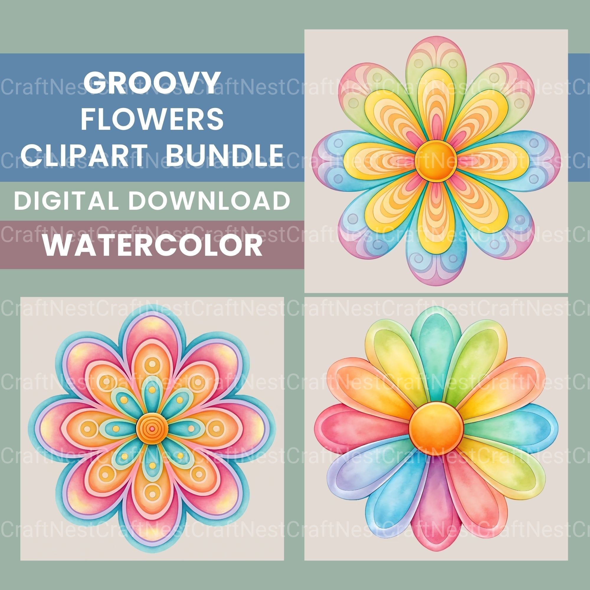 Groovy Flowers Clipart Bundle