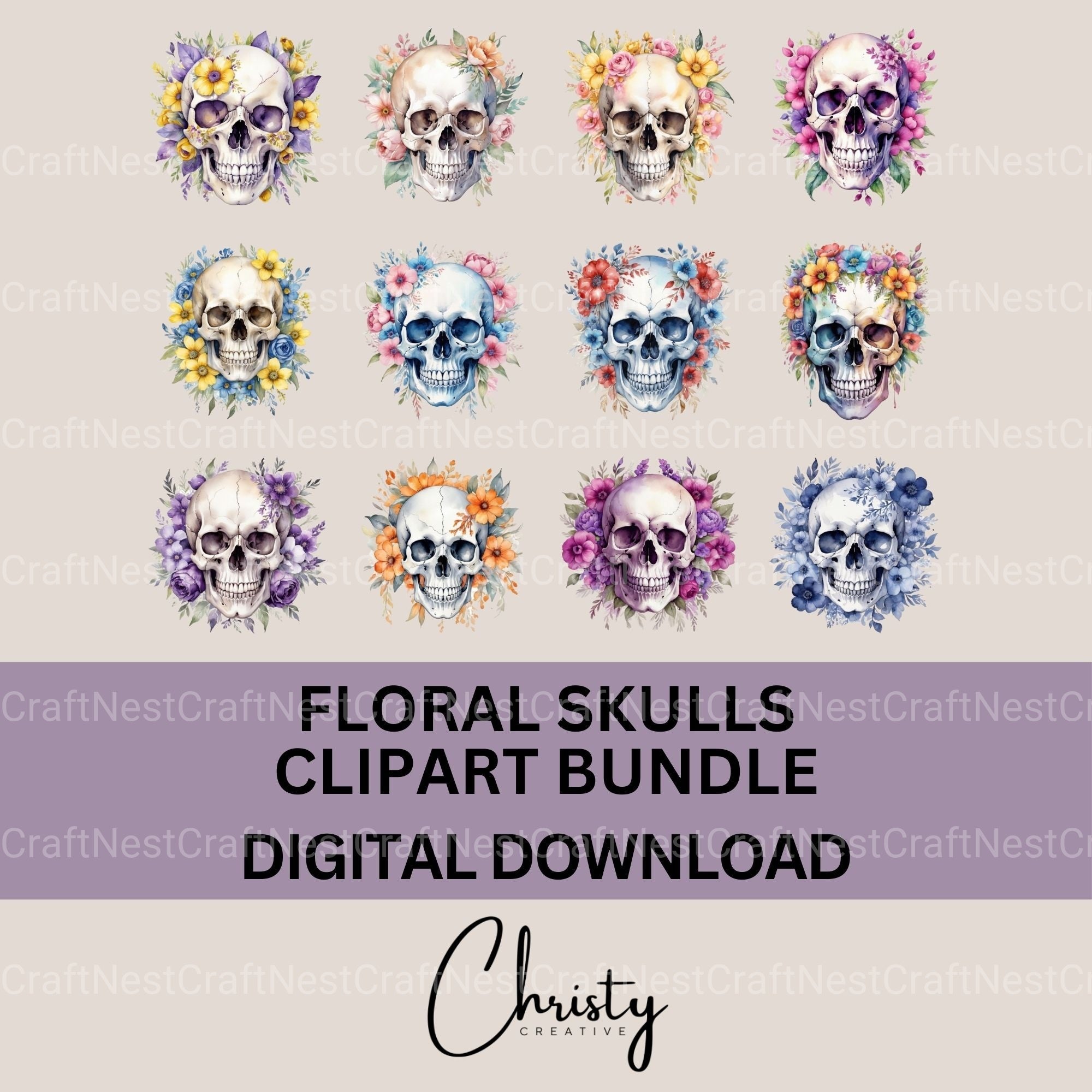 Skulls Floral Clipart Bundle 1