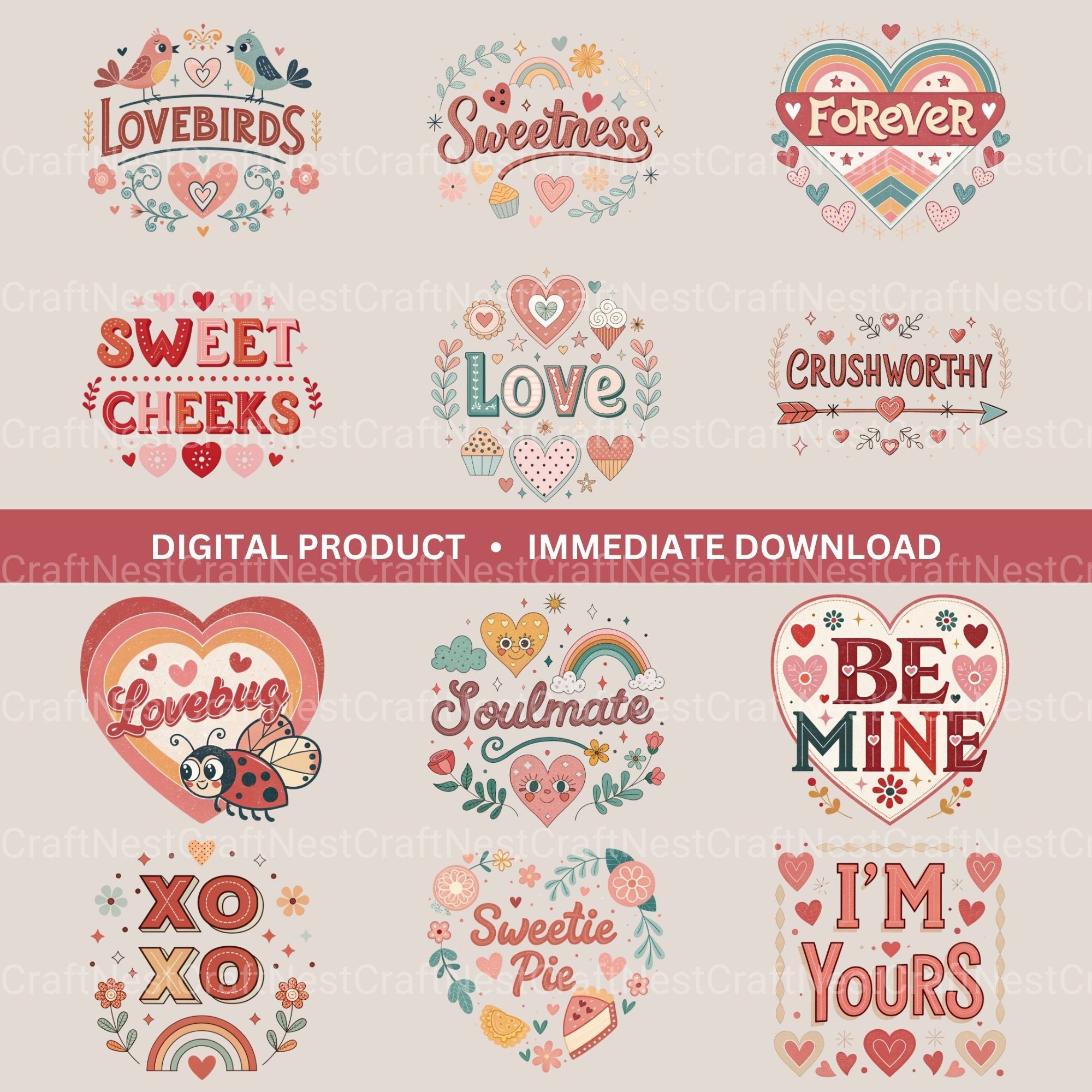 Retro Love Words Clipart Bundle