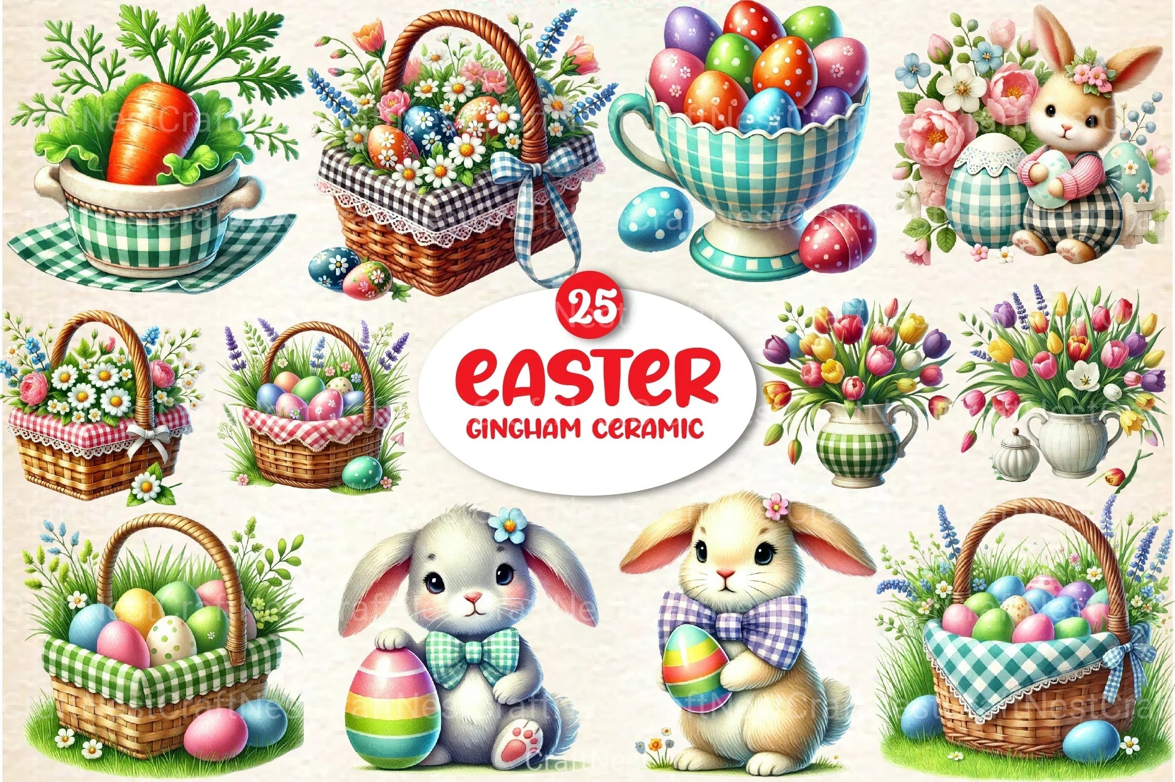 Easter Gingham Ceramic Clipart Bundle 4 - CraftNest - Digital Crafting and Art