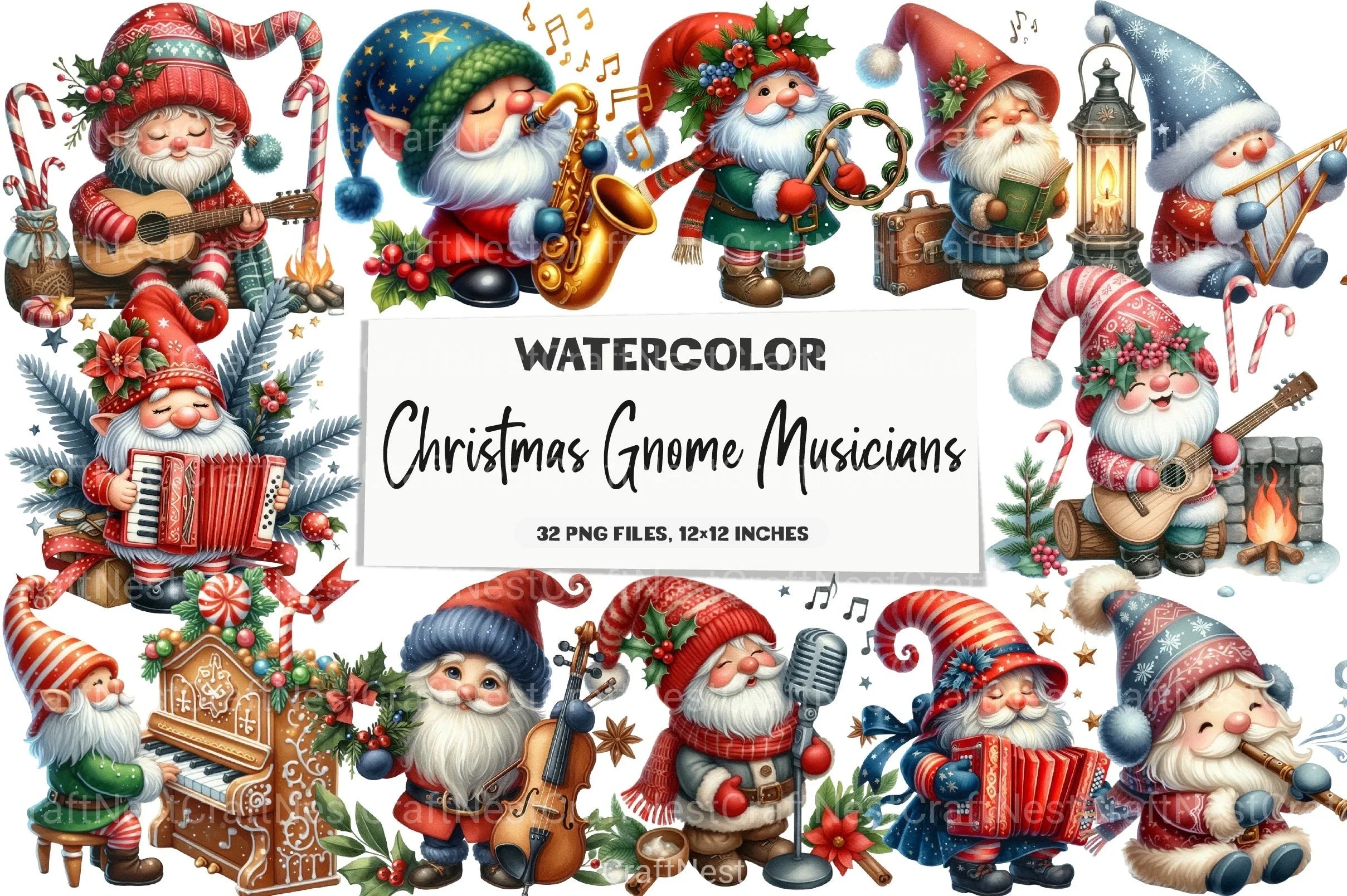 Christmas Gnome Musicians Clipart Bundle 4 - CraftNest - Digital Crafting and Art