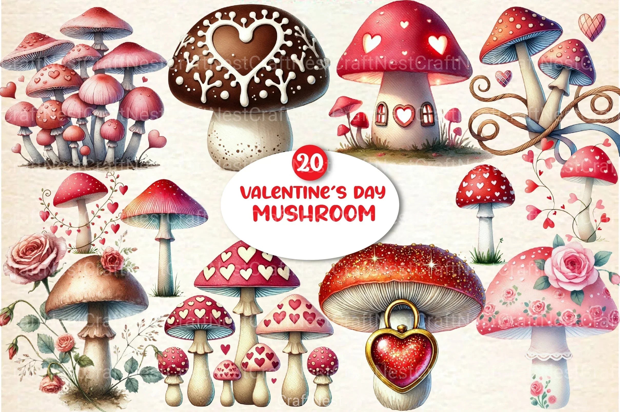 Valentine's Day Mushroom Clipart Bundle 8 - CraftNest - Digital Crafting and Art