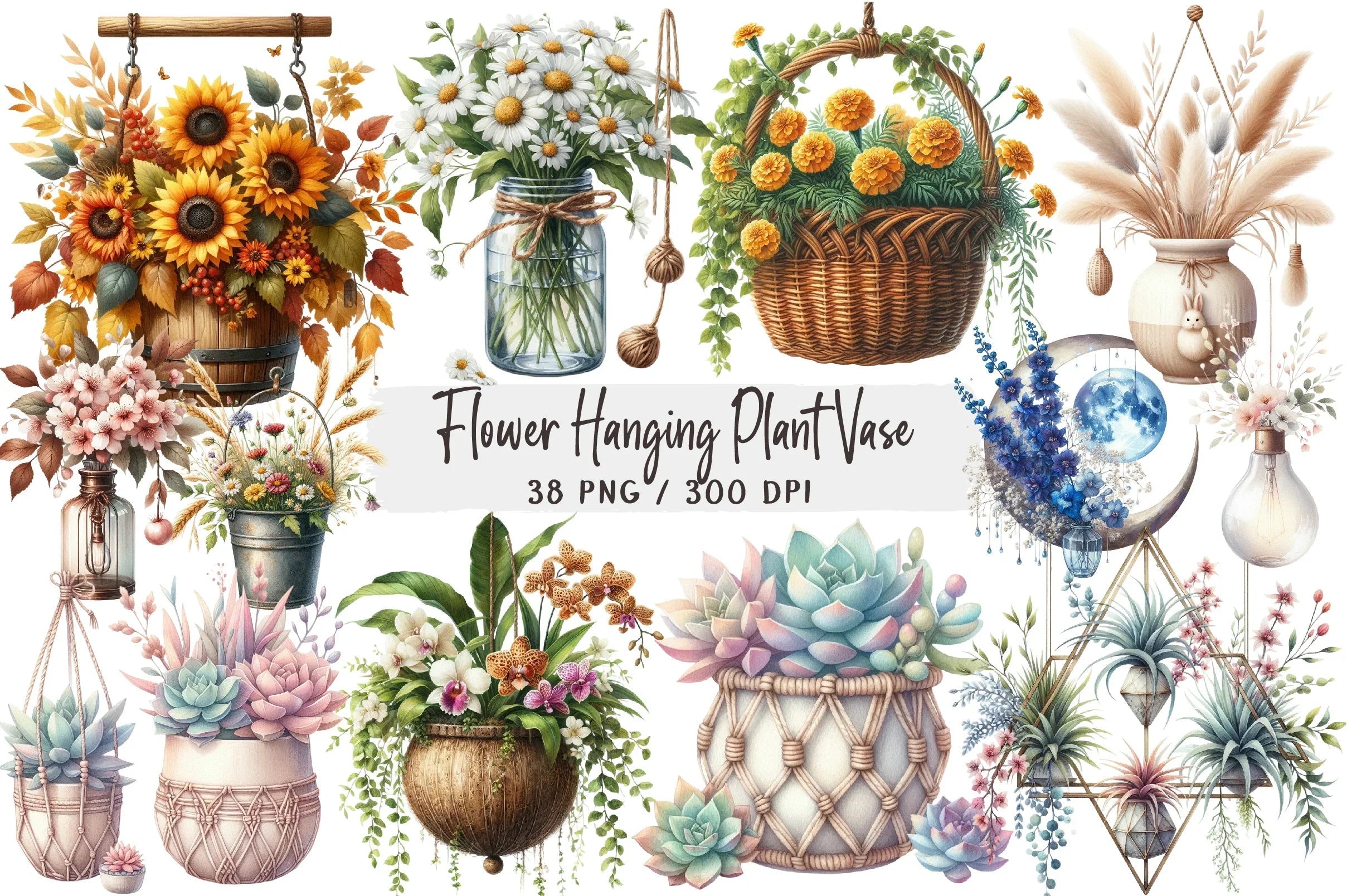 Flower Hanging Plant Vase Clipart Bundle - CraftNest - Digital Crafting and Art