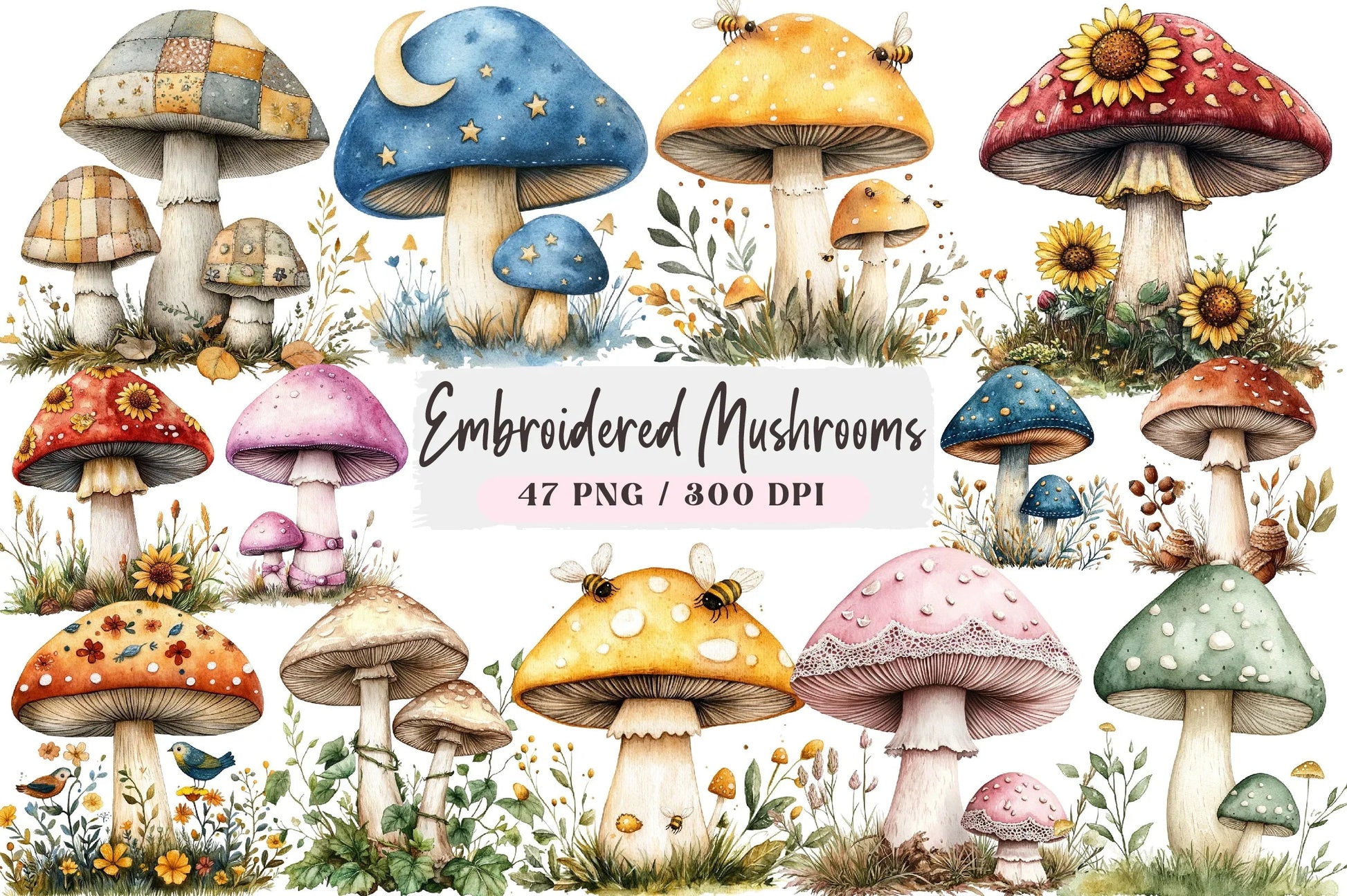 Embroidered Mushrooms Clipart Bundle - CraftNest - Digital Crafting and Art