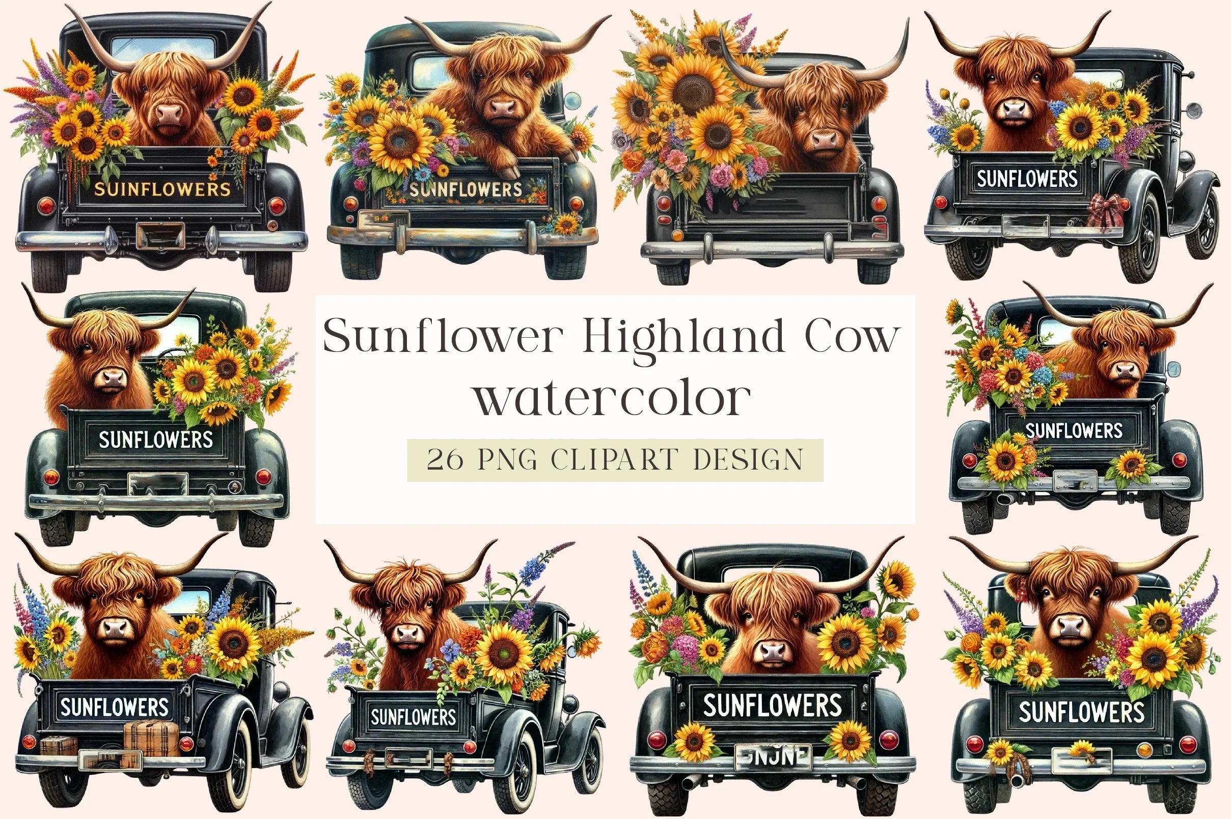 Sunflower Highland Cow Clipart Bundle - CraftNest - Digital Crafting and Art