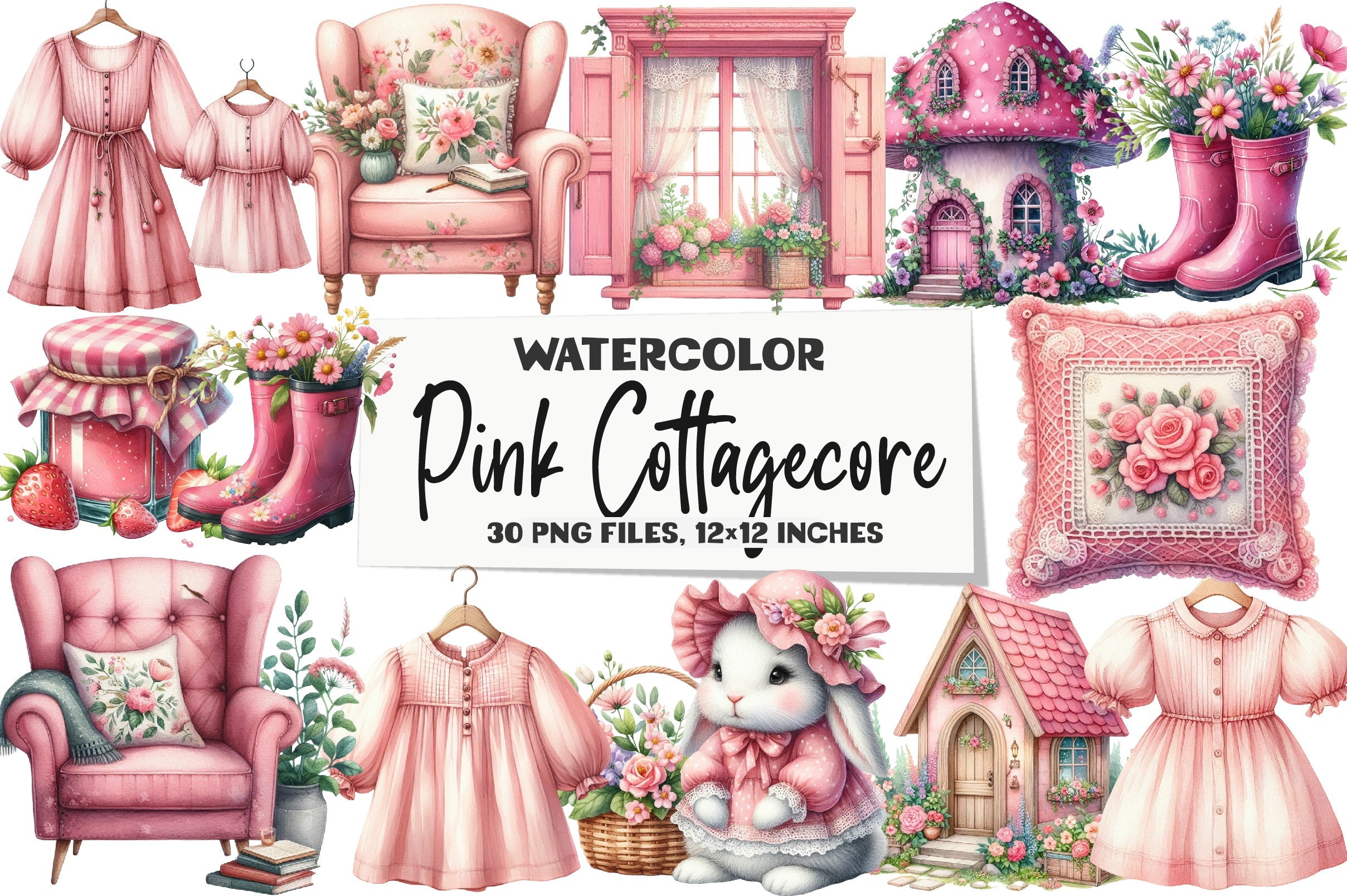 Pink Cottagecore Clipart Bundle
